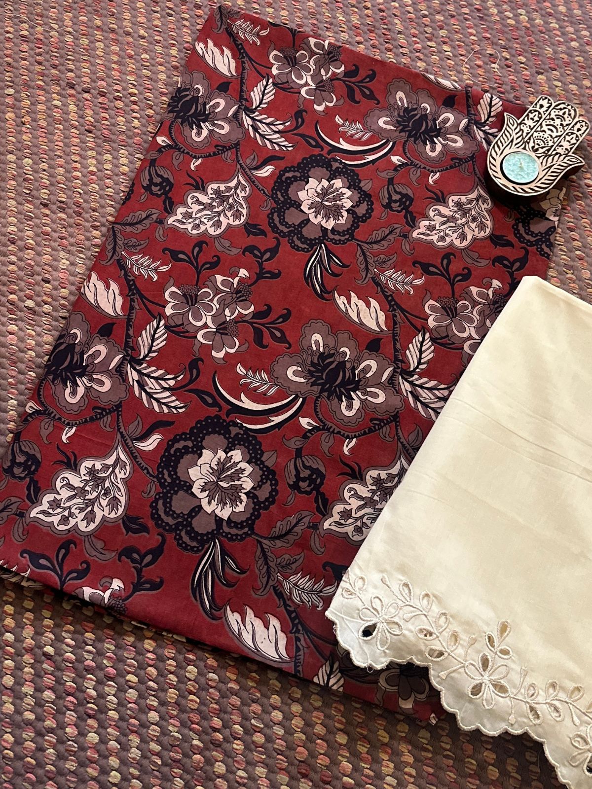 Pure Cotton Malmal Handblocked Fabric with Cutwork Bottom