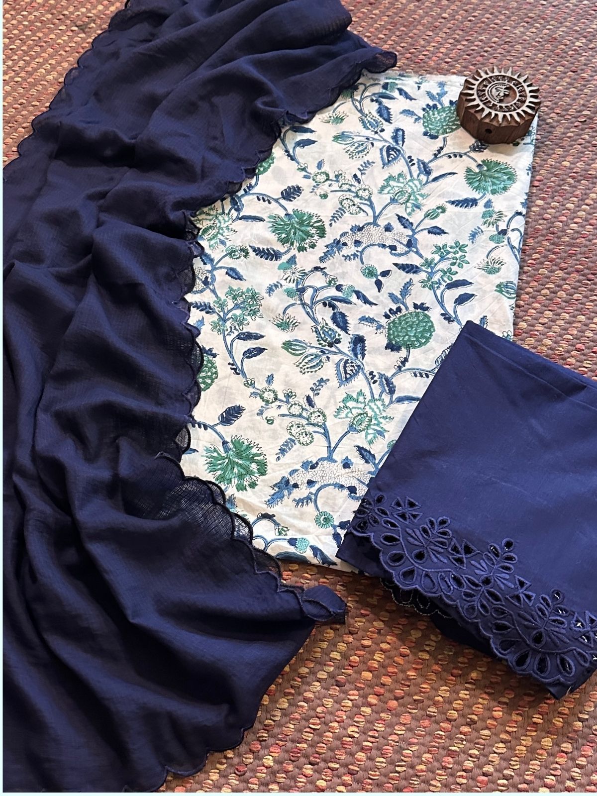 Pure Cotton Hand-blocked Fabric with Cutwork Bottom & Kota Doria Dupatta