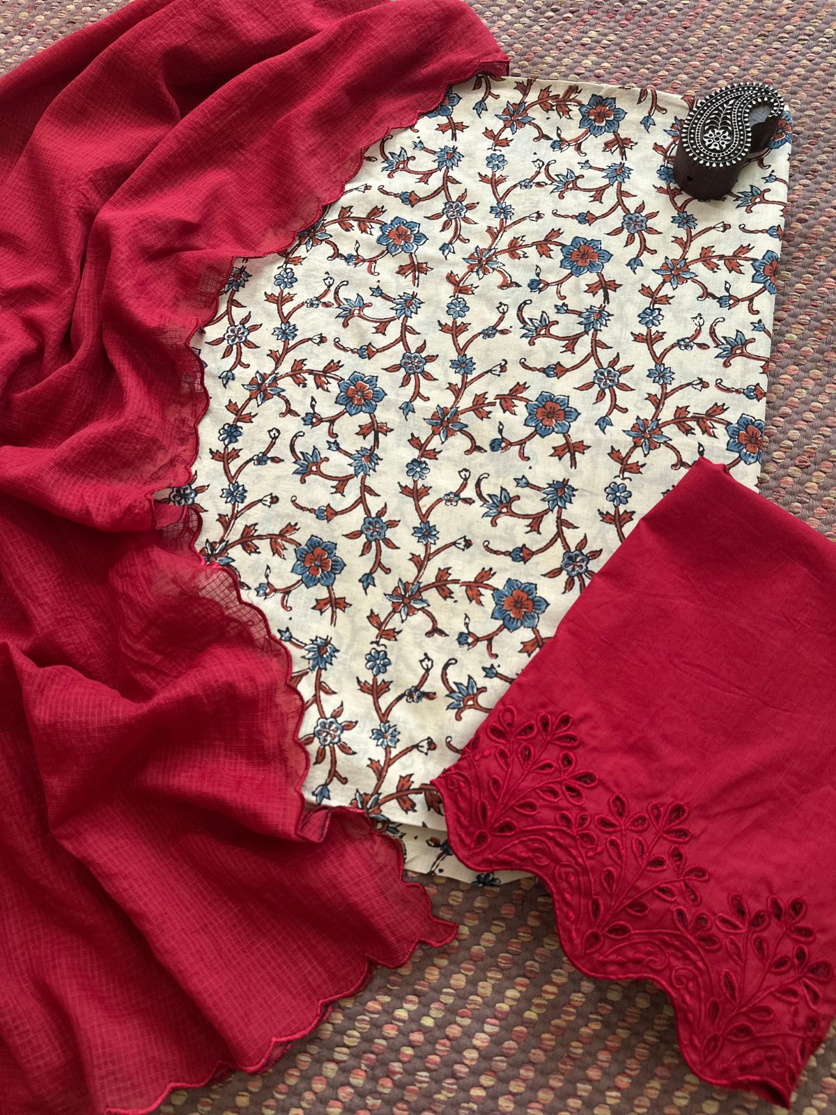 Pure Cotton Malmal  Ajrakh Fabric with Exclusive Cutwork Bottom & Kota Doria Dupatta