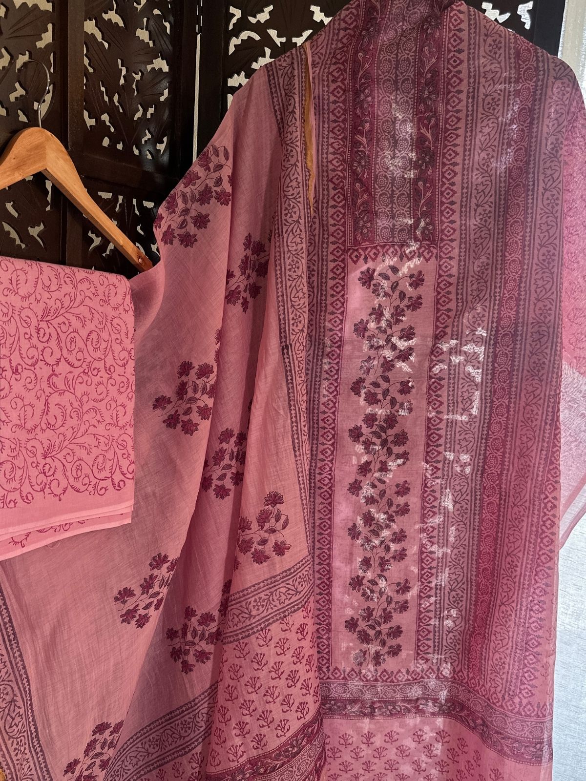 Premium Hand-blocked Malmal Maheswari Unstitched Set