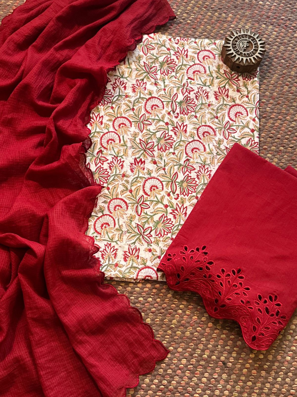Pure Cotton Hand-blocked Fabric with Cutwork Bottom & Kota Doria Dupatta