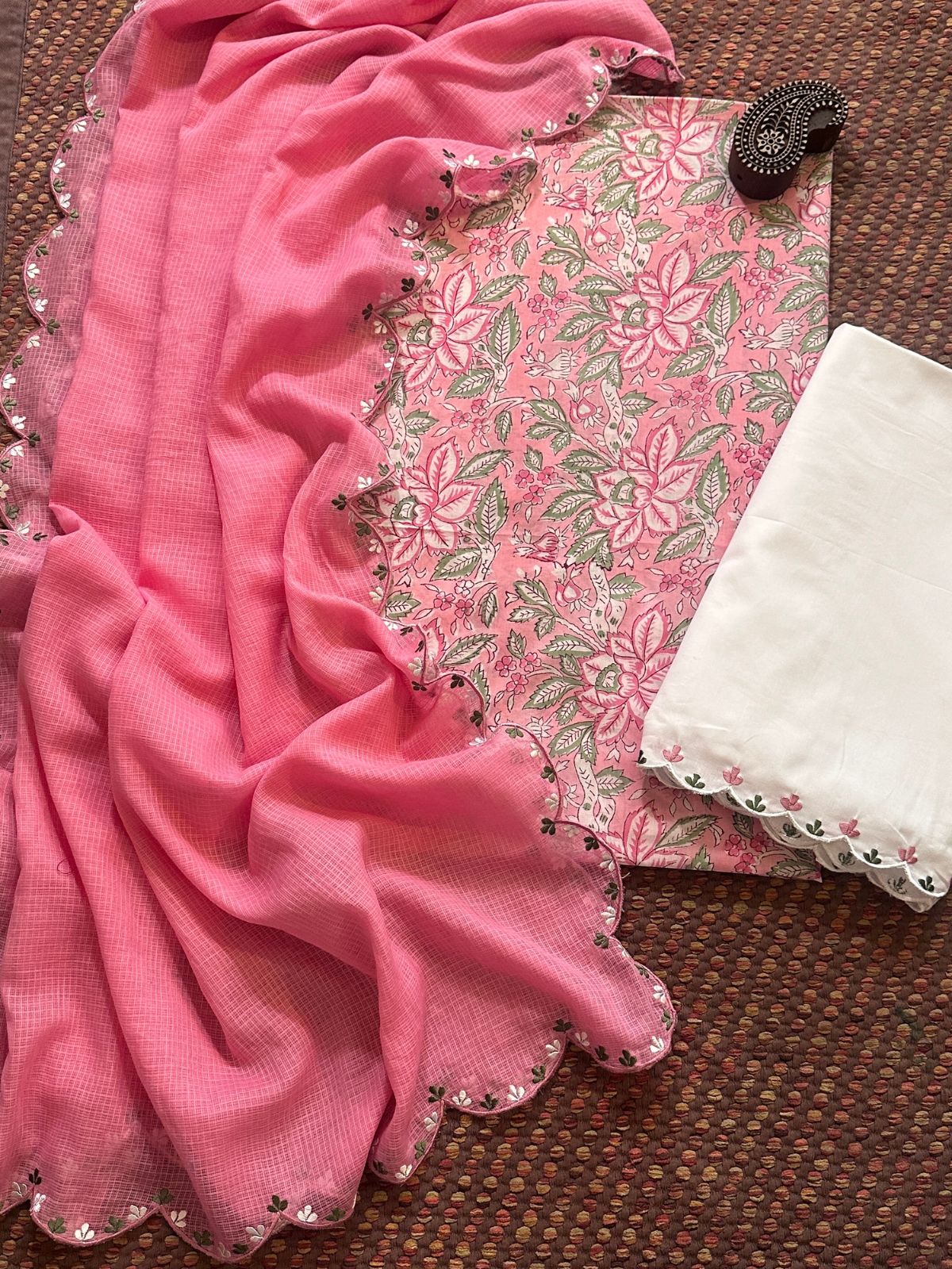 Pure Cotton Hand blocked Fabric with Embroidered Dupatta & Bottom