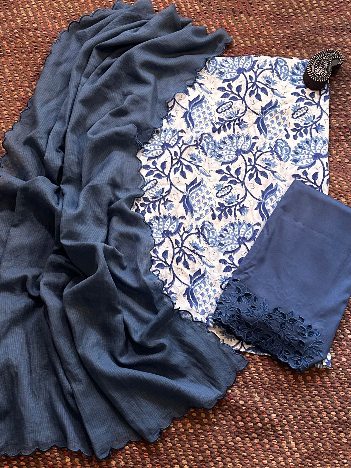 Pure Cotton Hand-blocked Fabric with Cutwork Bottom & Kota Doria Dupatta