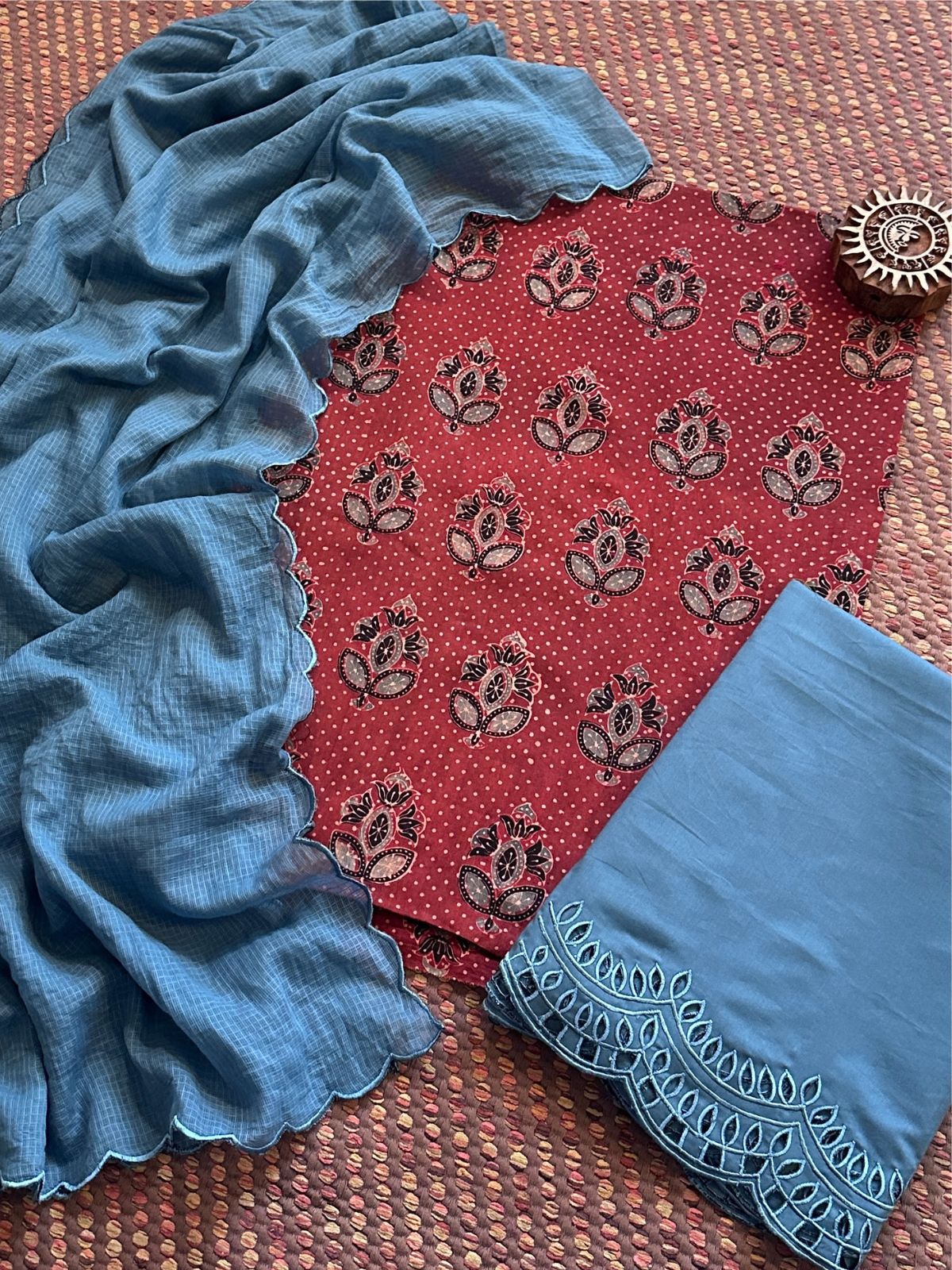 Pure Cotton Mul Ajrak with Scalloped Dupatta & Cutwork Bottom