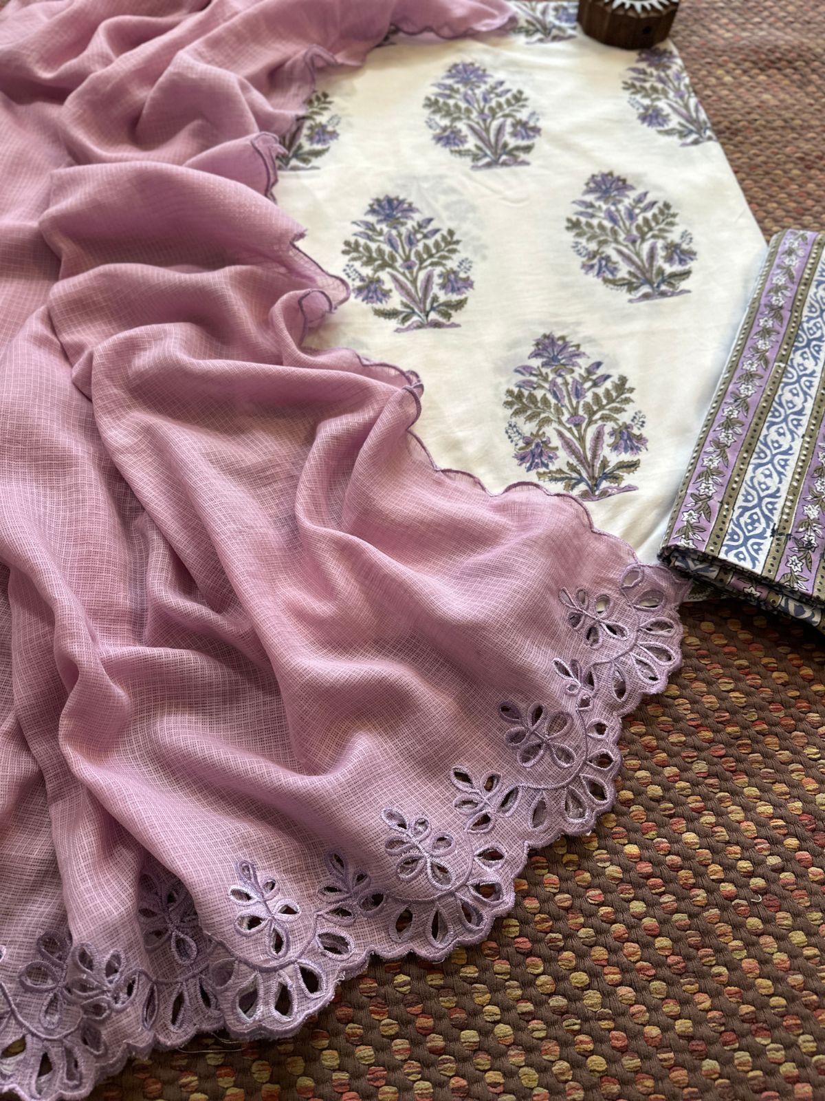 Pure Cotton Hand-block Fabric Set with Embroidered Kota Doria Dupatta