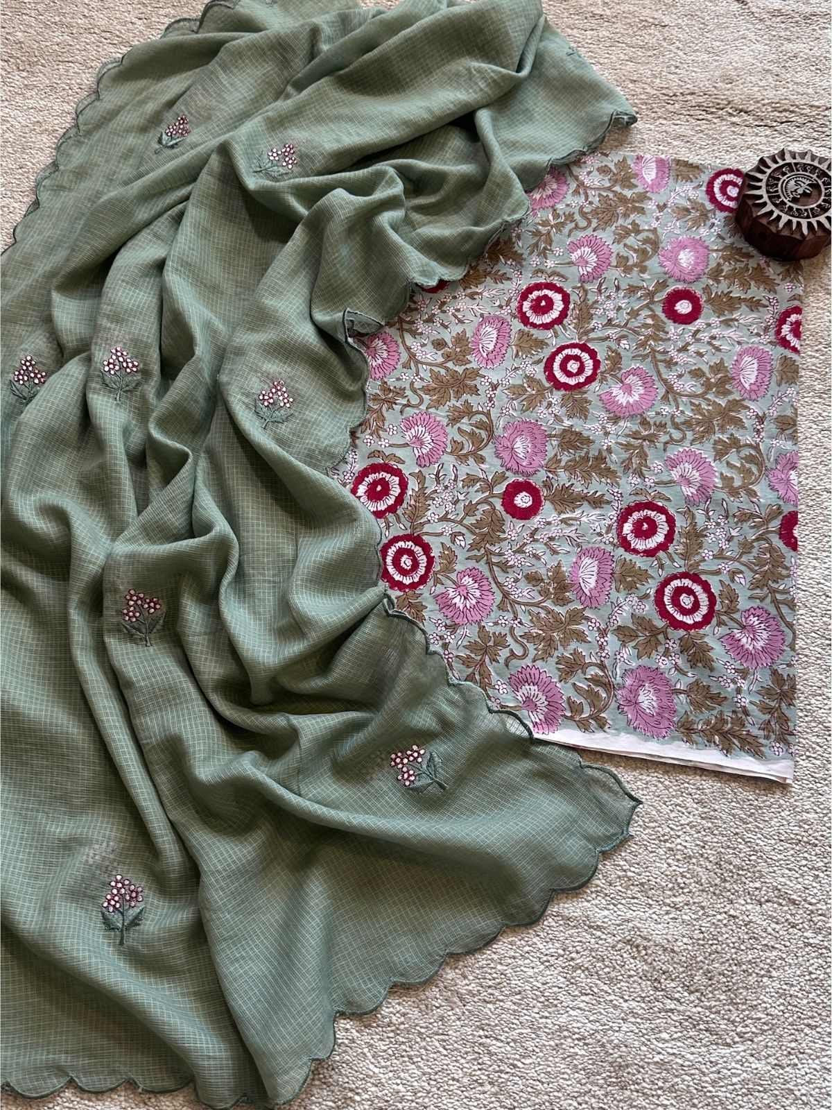 Sage - Hand blocked Fabric with Embroidered Dupatta