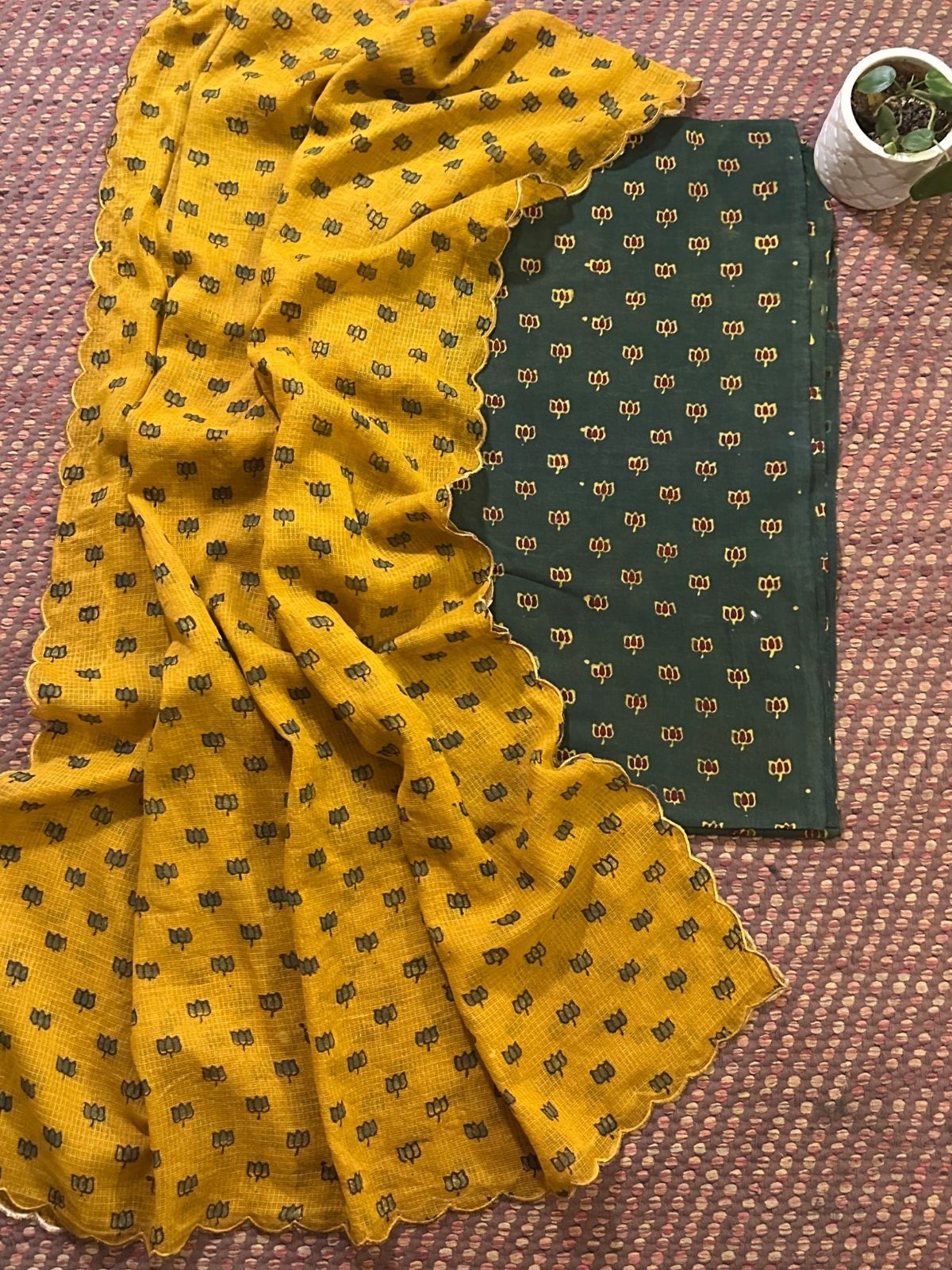 Ajrakh Cotton Malmal Handblocked Set- Top & Dupatta