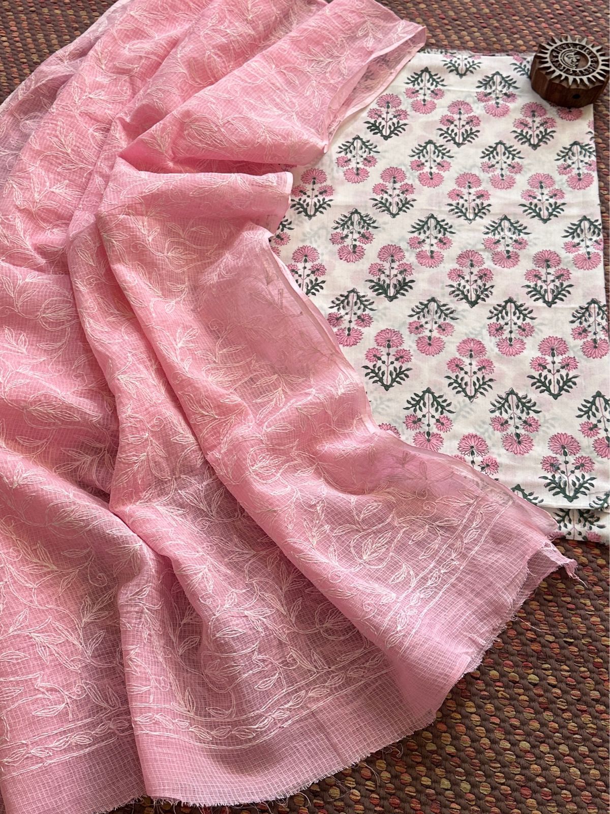 Pure Cotton Hand Blocked Fabric with Chikankari Dupatta
