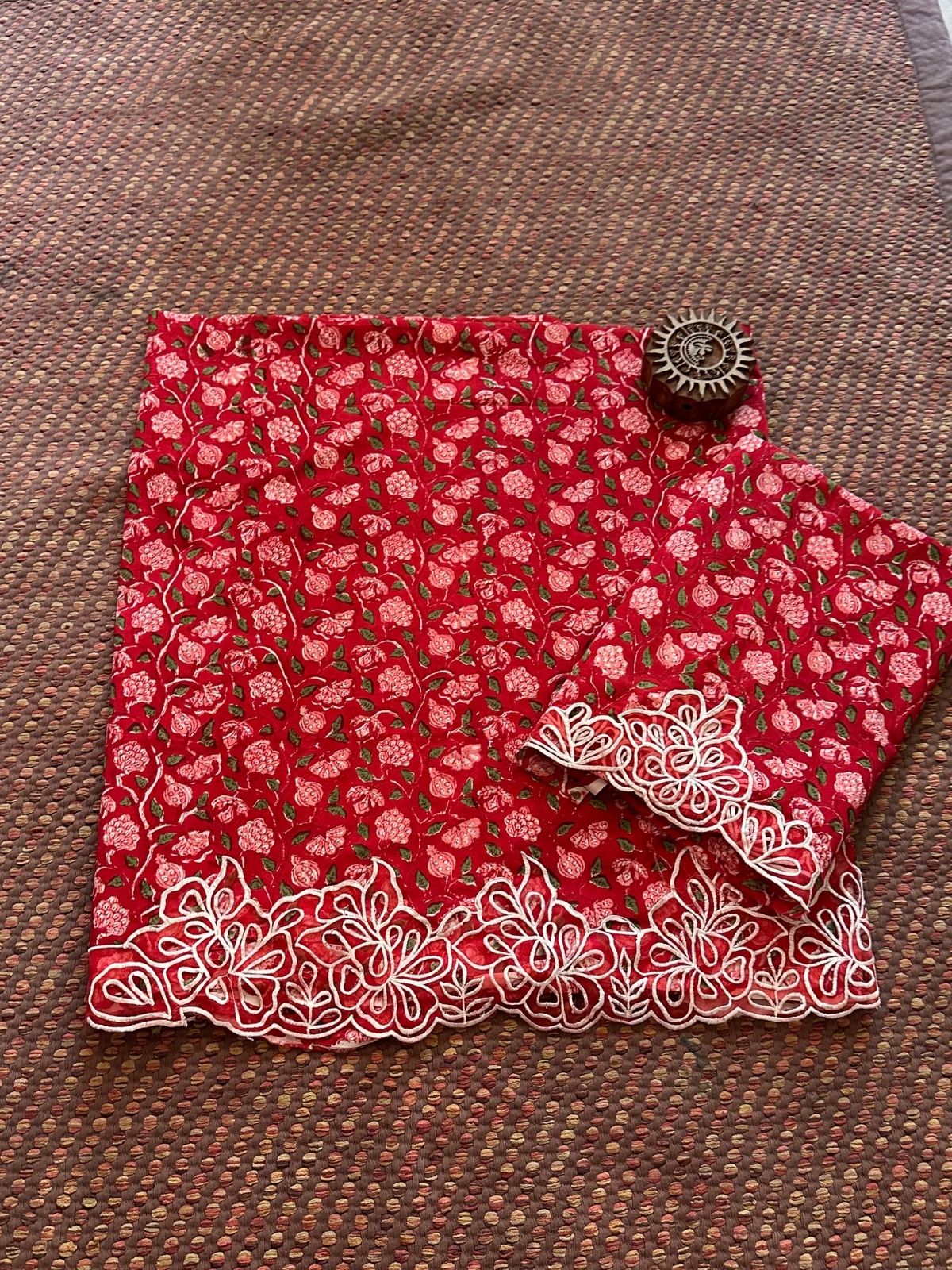 Pure Cotton Hand-blocked Coord Set with Cutwork on Organza Patch Work.