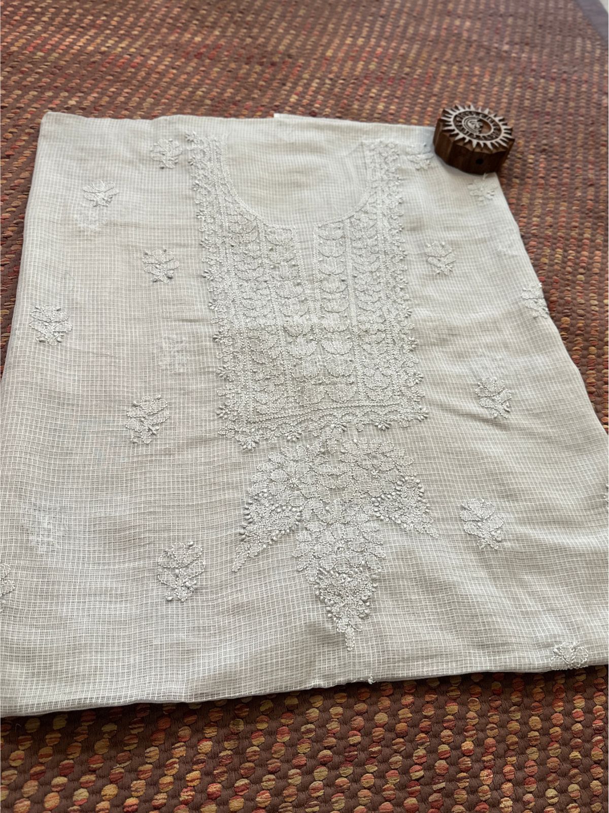 Chikankari Hand Embroidered Fabric with Ajrak Hadblocked Kota Dupatta