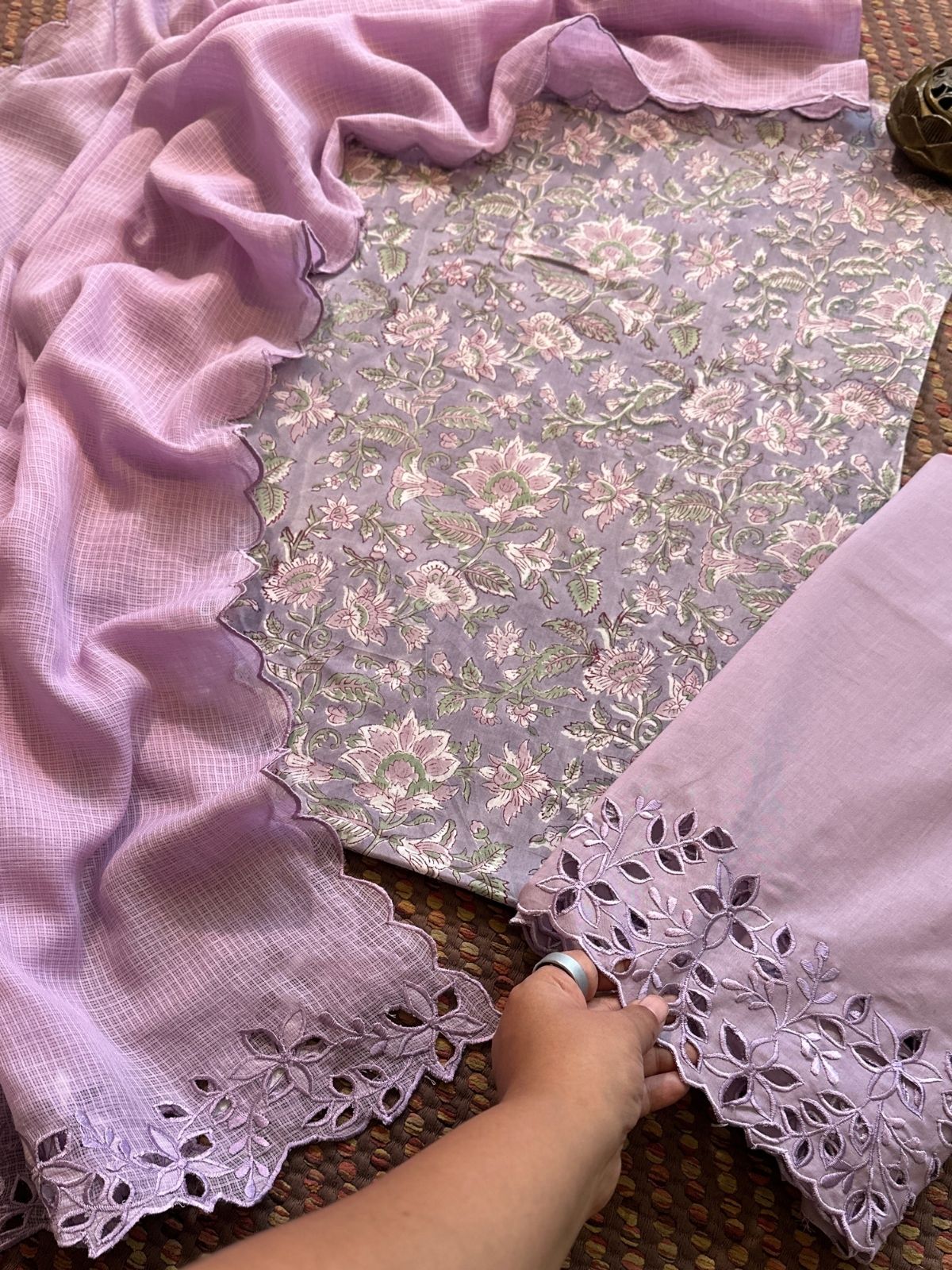 Pure Cotton Hand-blocked Fabric with Cutwork Bottom & Kota Doria Dupatta