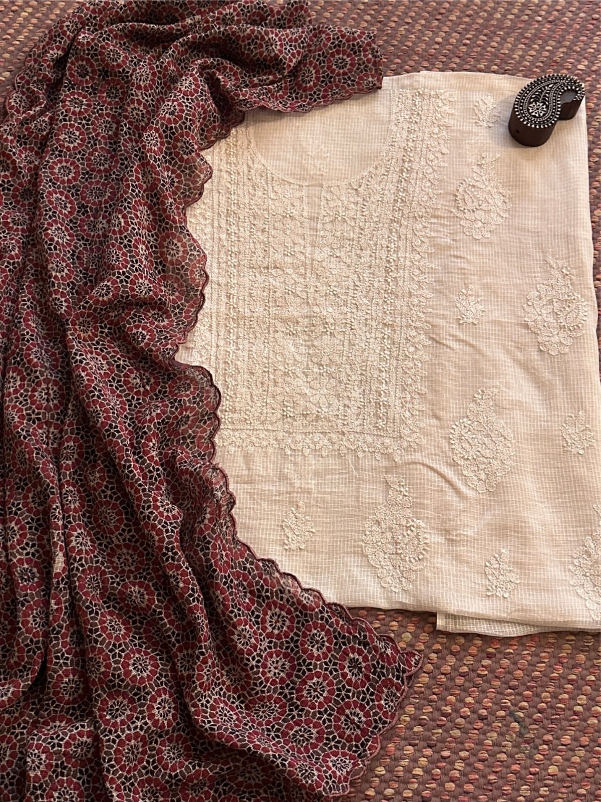 Chikankari Hand Embroidered Fabric with Ajrak Hadblocked Kota Dupatta
