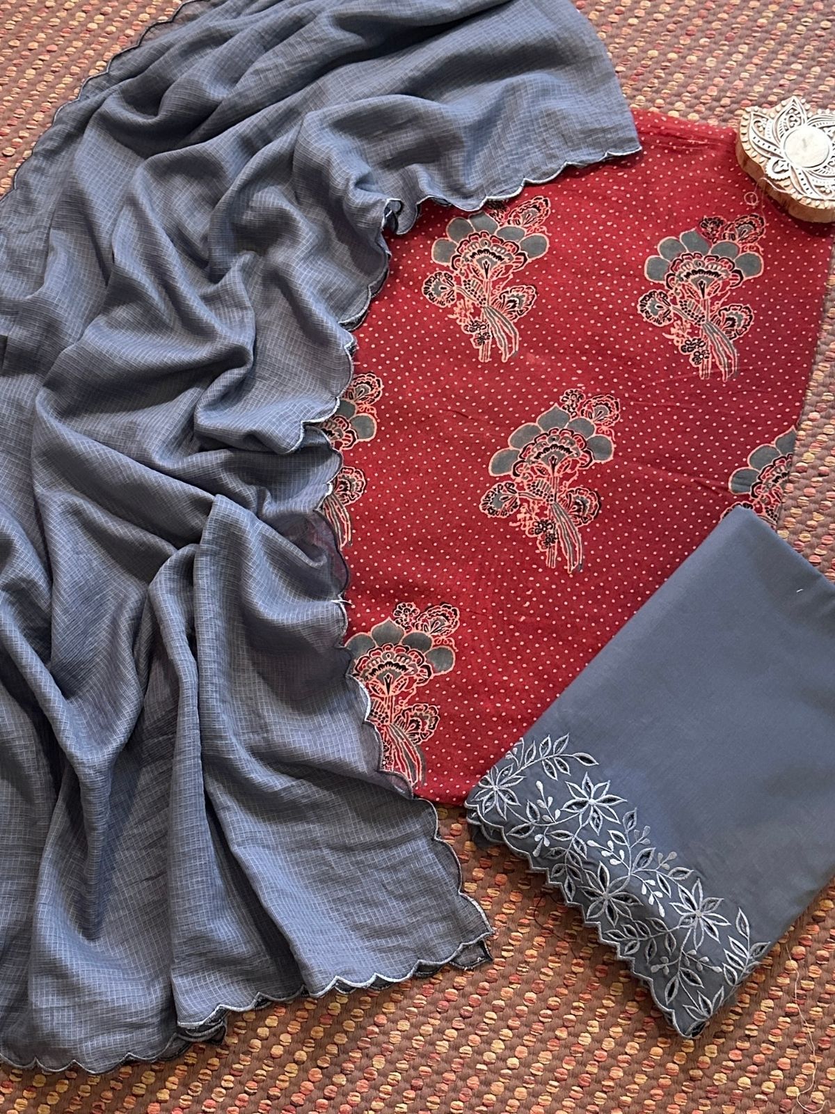 Pure Cotton Mul Ajrak with Scalloped Dupatta & Cutwork Bottom