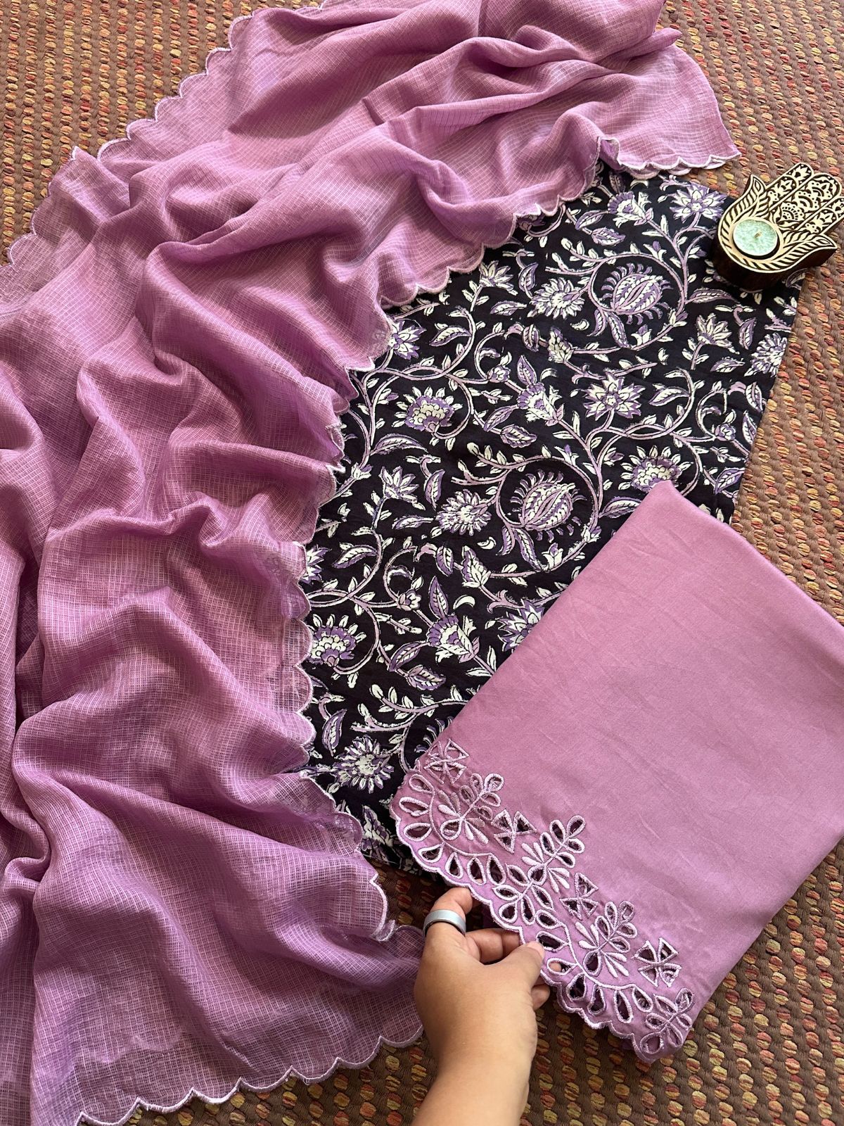 Pure Cotton Hand-blocked Fabric with Cutwork Bottom & Kota Doria Dupatta