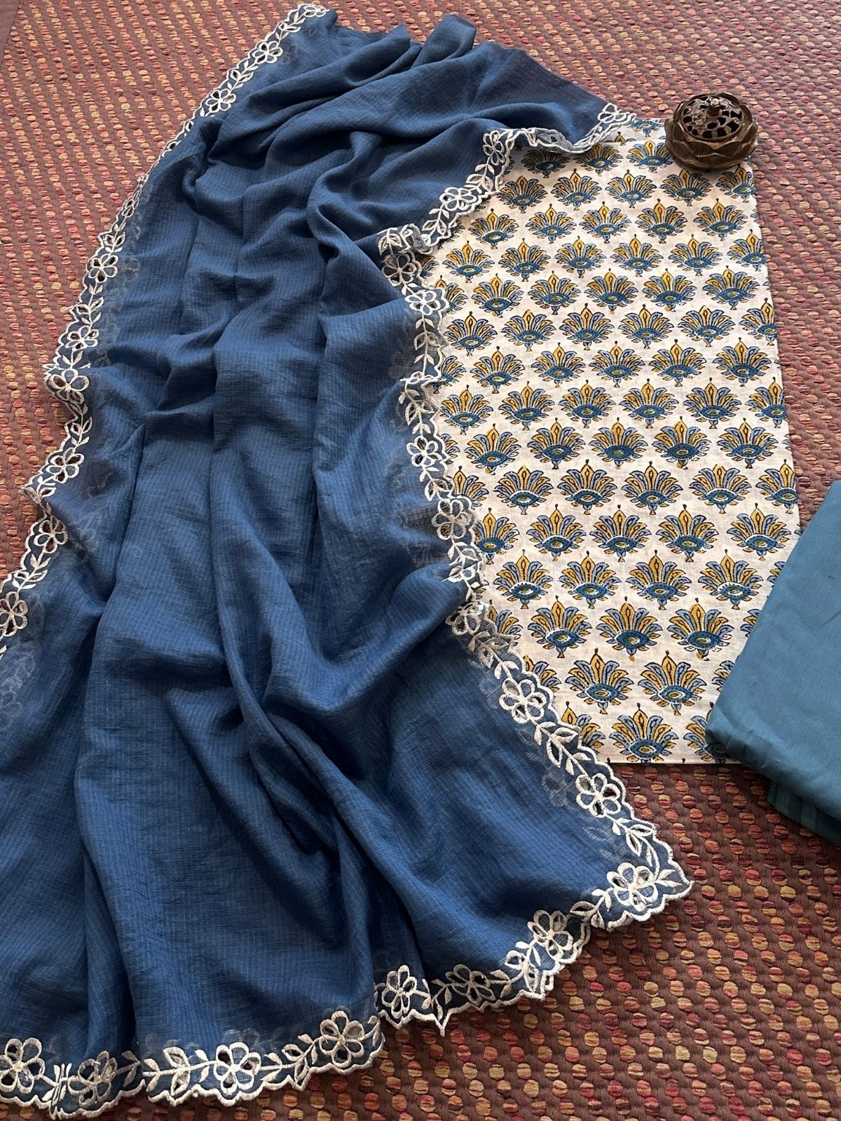 Pure Cotton Malmal Hand-block Fabric set with Cutwork Embroidered Kota Doria Dupatta