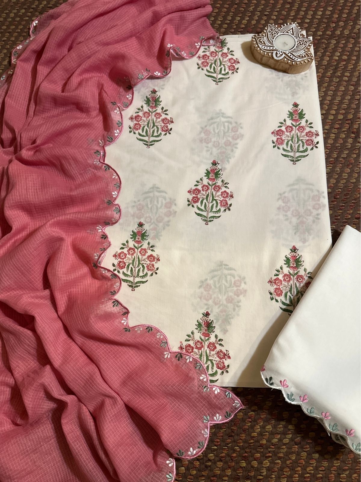 Pure Cotton Hand blocked Fabric with Embroidered Dupatta & Bottom