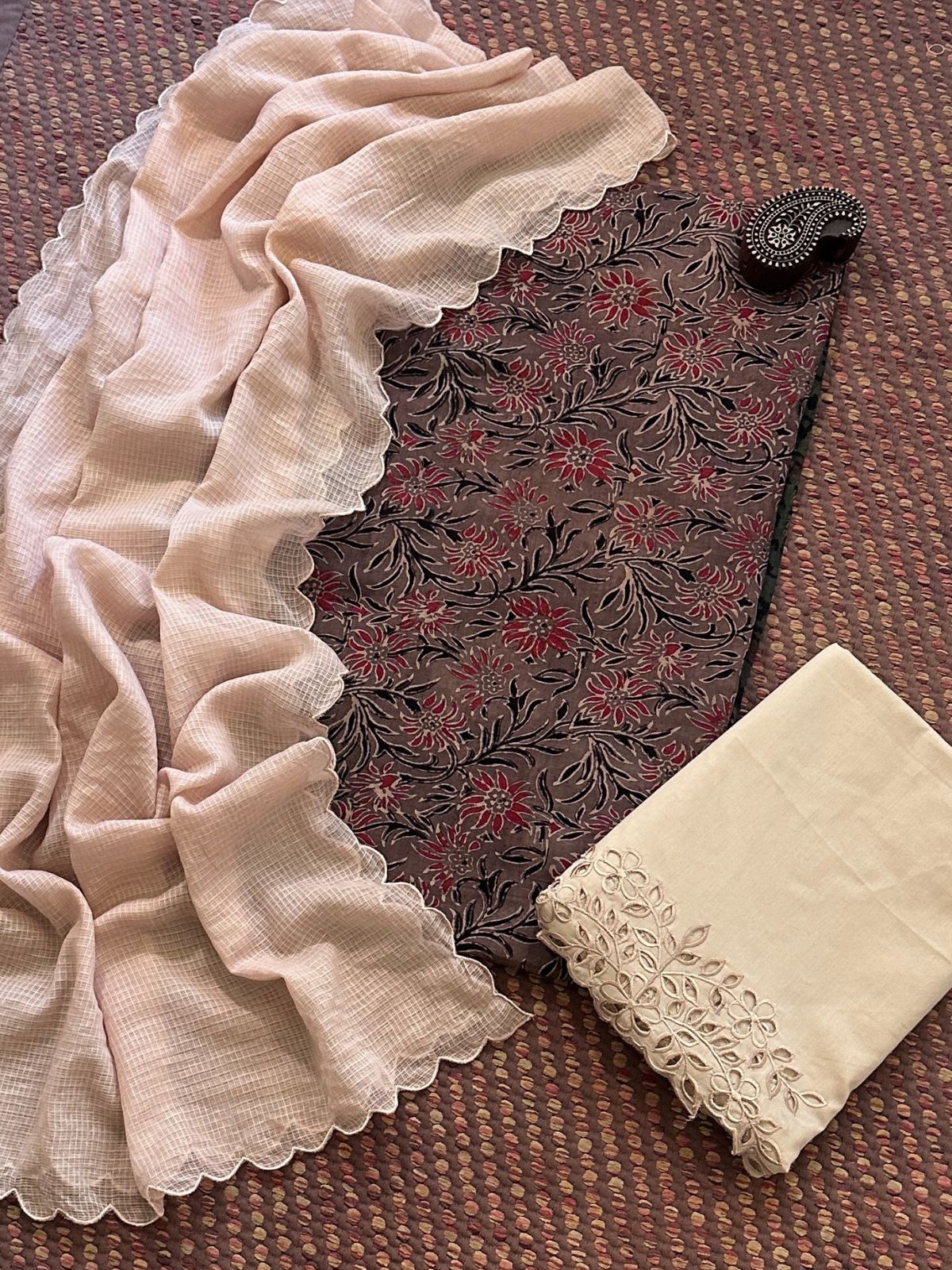 Pure Cotton Mul Ajrak with Scalloped Dupatta & Cutwork Bottom
