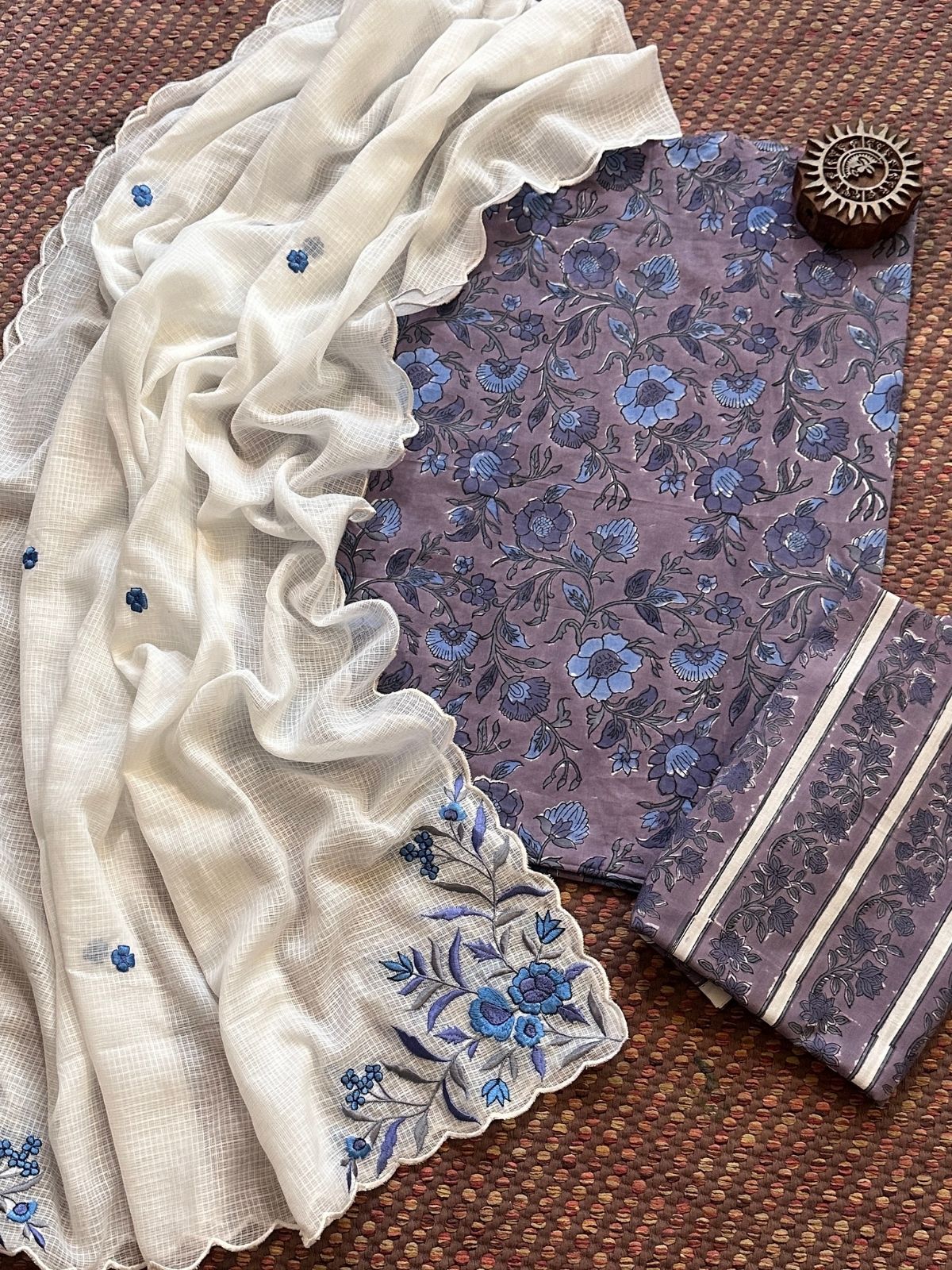 Pure Cotton Handblock Fabric with Embroidered Dupatta