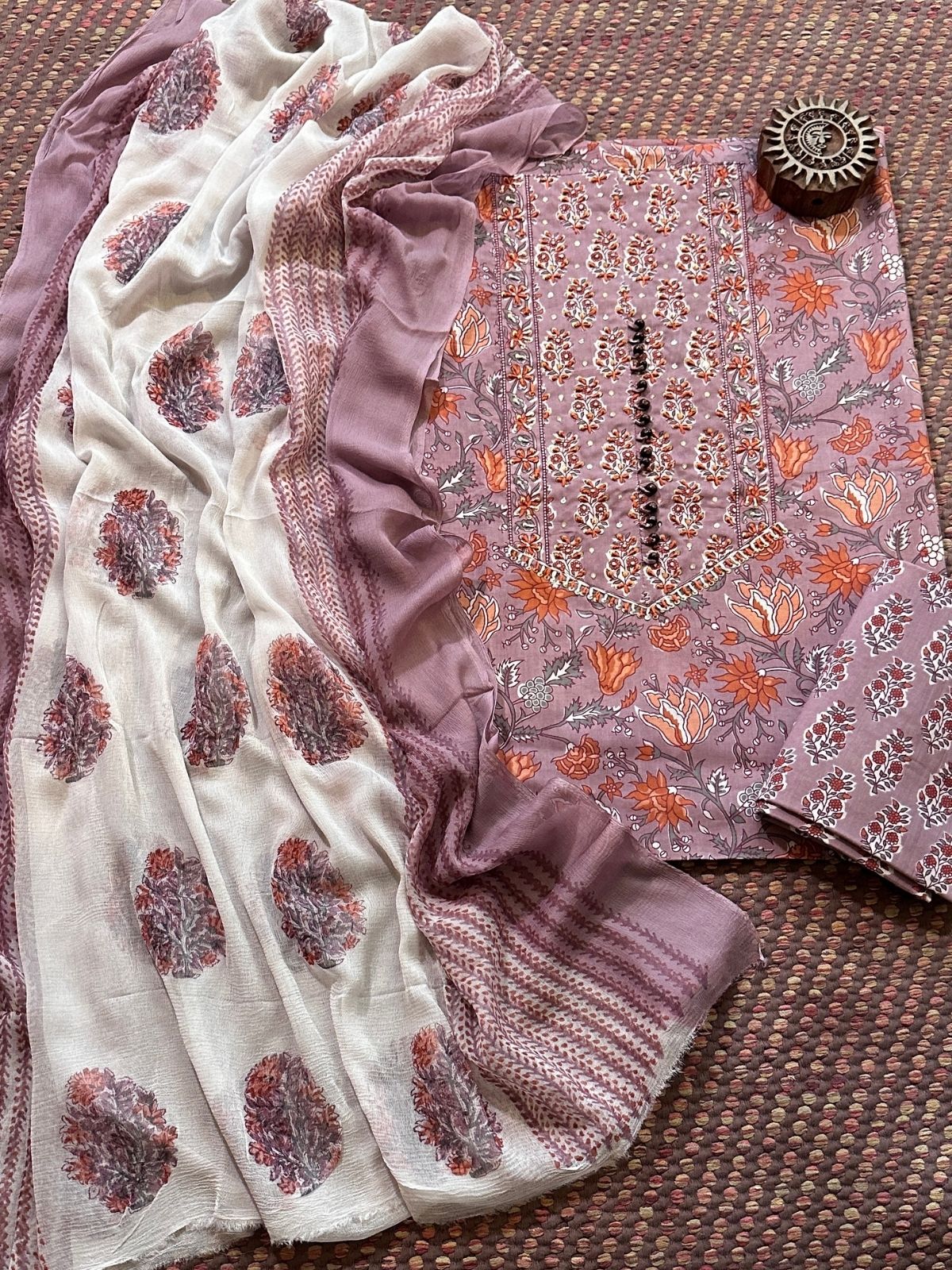 Pure Cotton Handblocked Unstitched Set with pure chiffon Dupatta