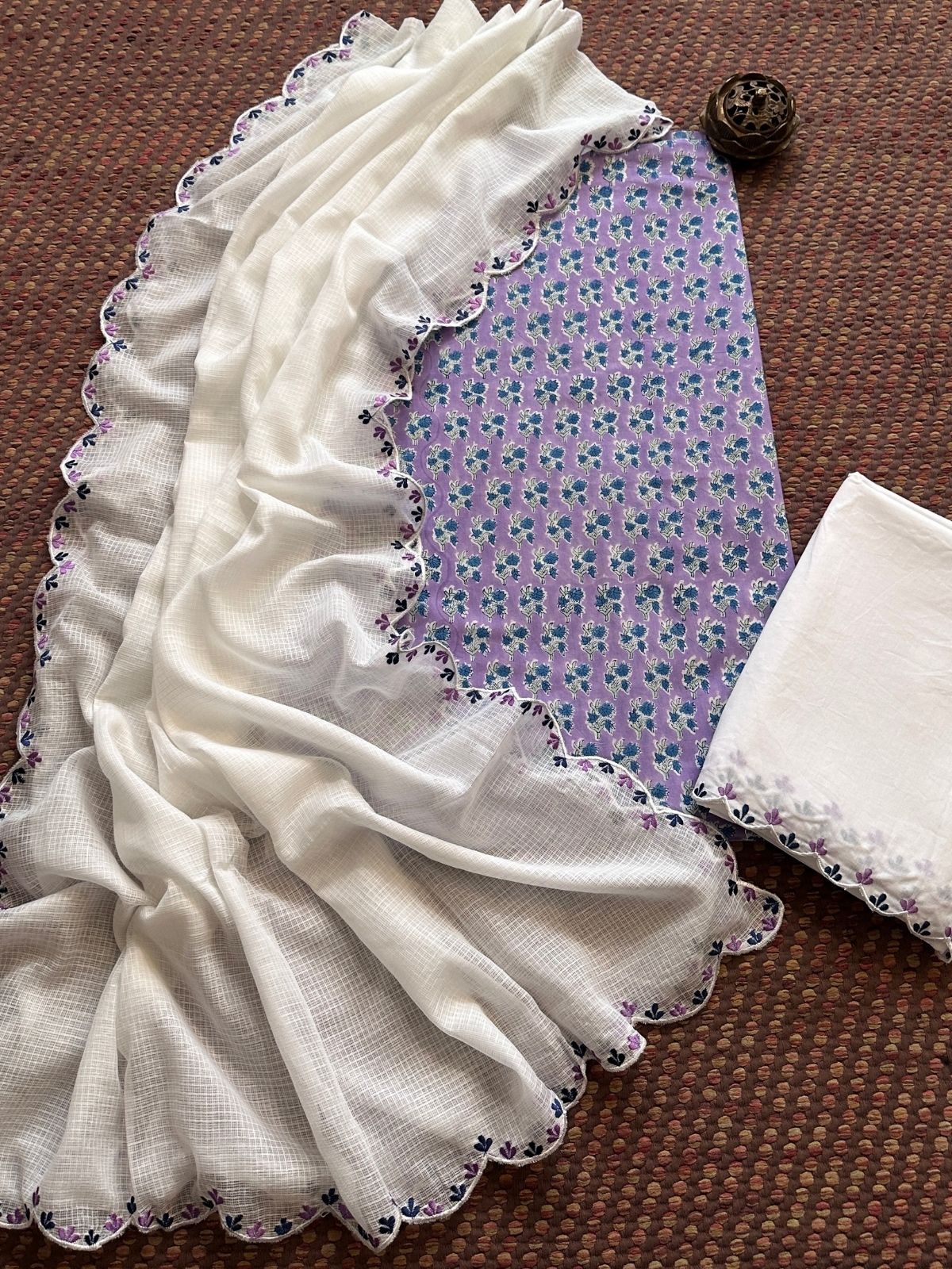 Pure Cotton Hand blocked Set with Embroidered Dupatta