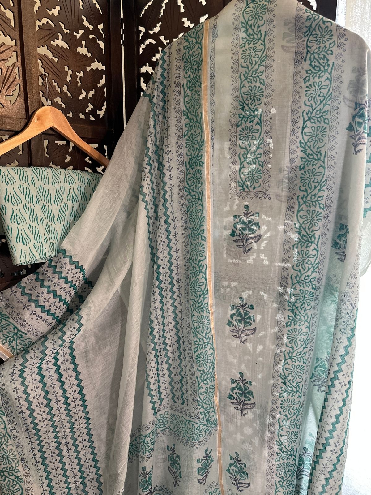 Premium Hand-blocked Malmal Maheswari Unstitched Set