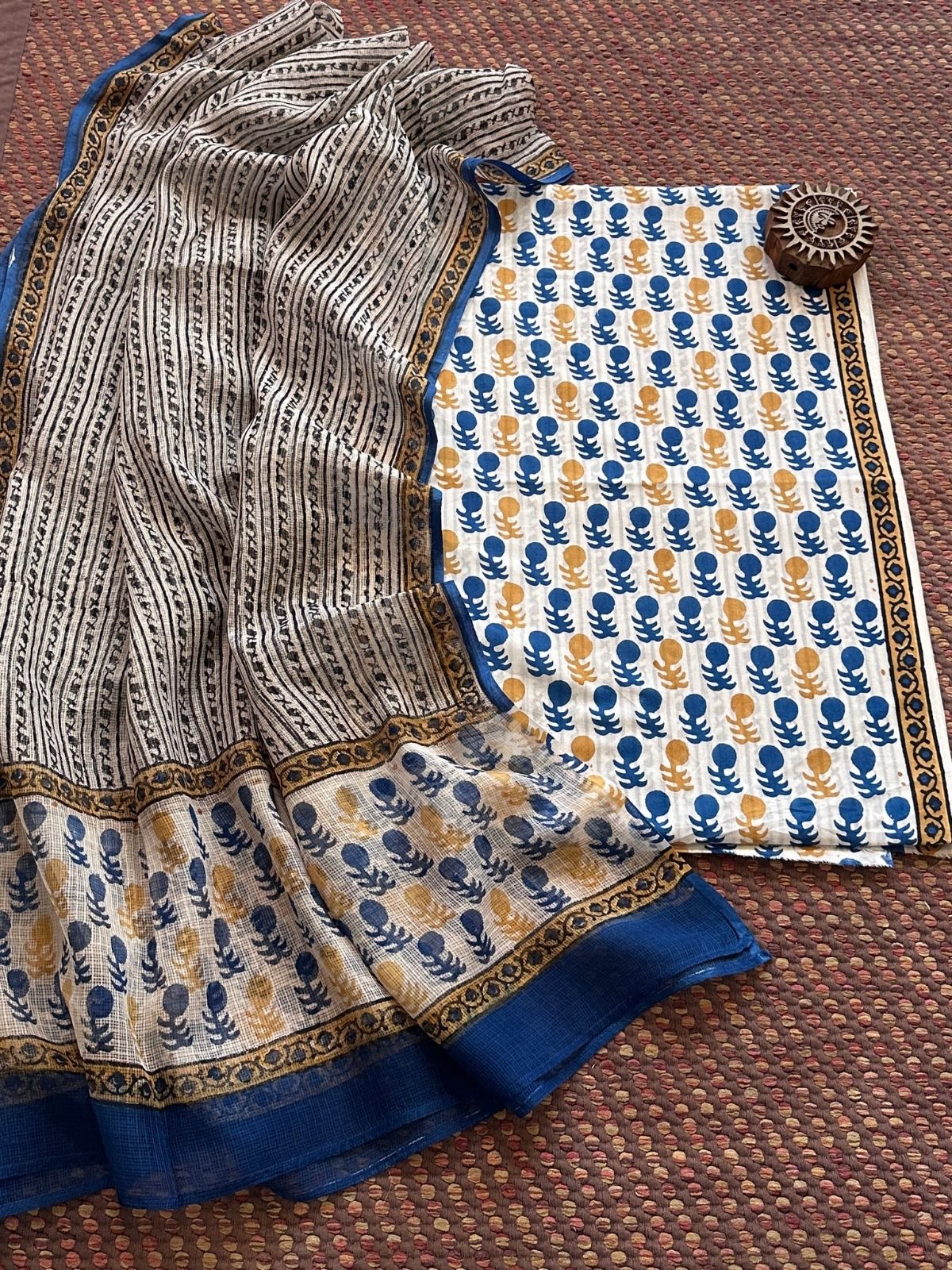 Pure Handblcoked Cotton Unstitched Set with Handblocked Kota Dupatta
