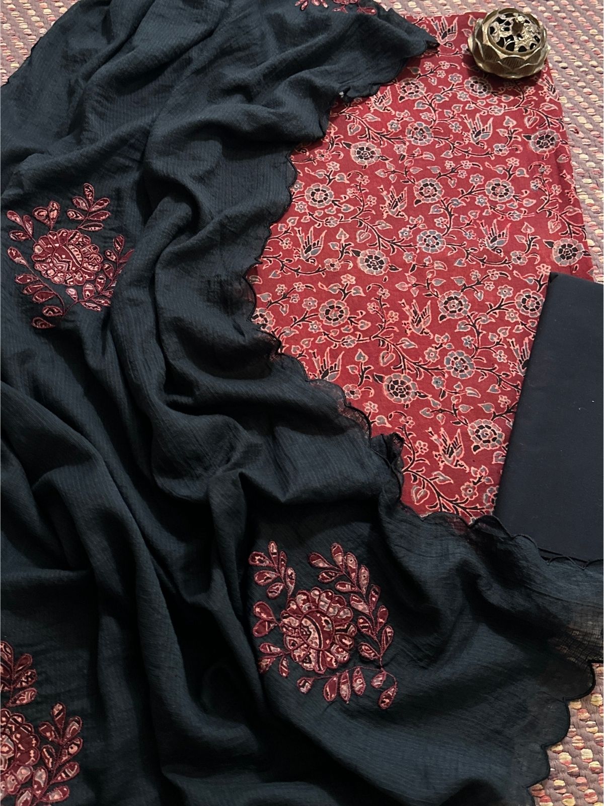 Ajrakh Cotton Malmal Unstitched Set with Applique Kota Dupatta