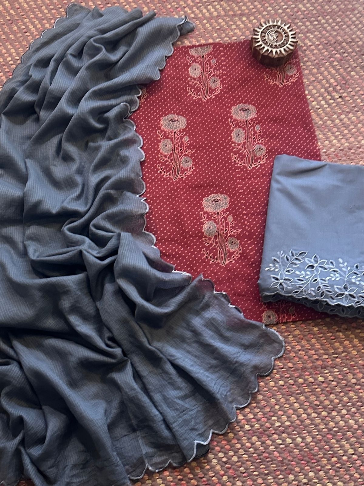 Pure Cotton Mul Ajrak with Scalloped Dupatta & Cutwork Bottom