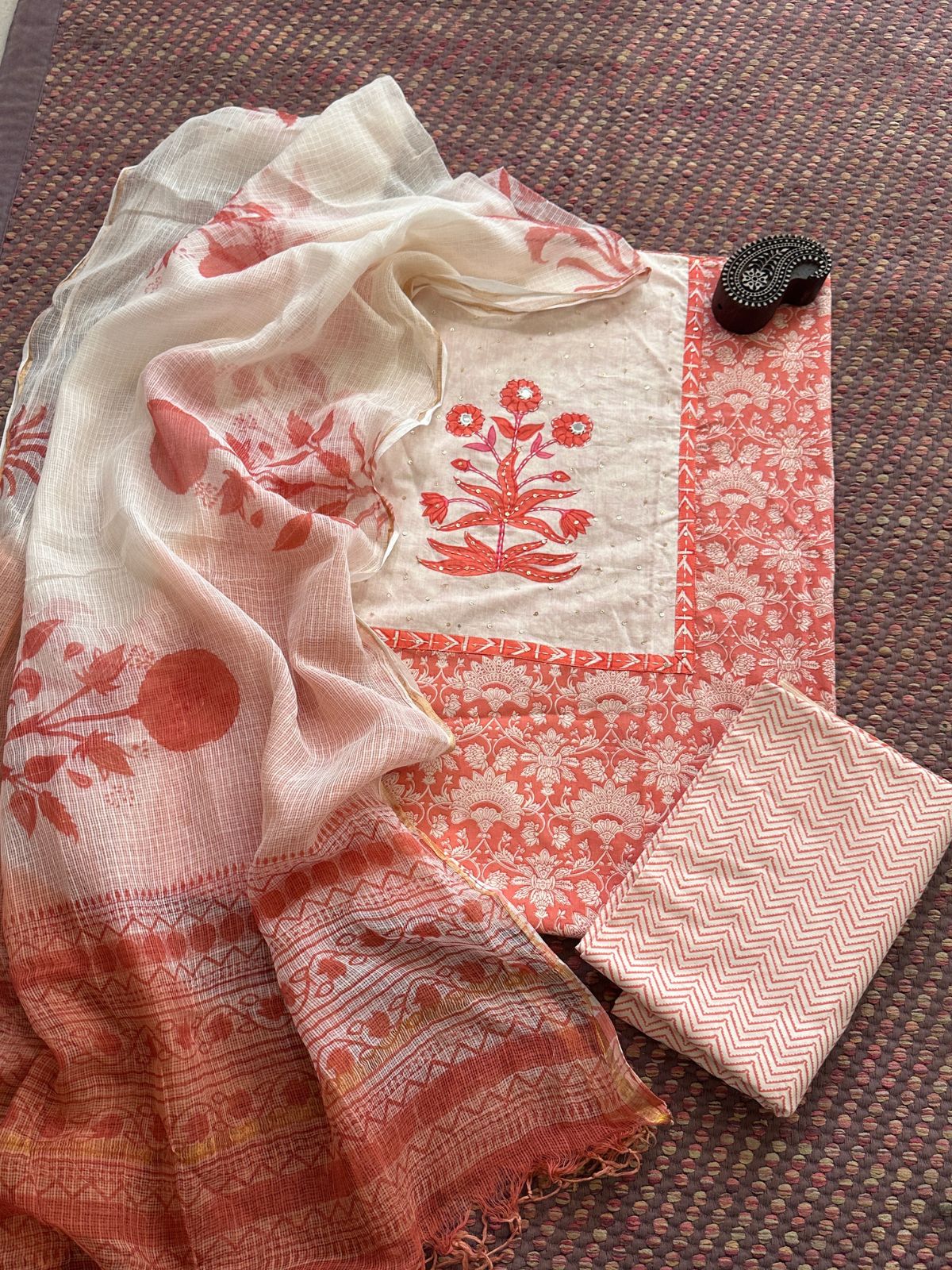 Pure Handblcoked Cotton Unstitched Set with Handblocked Kota Dupatta