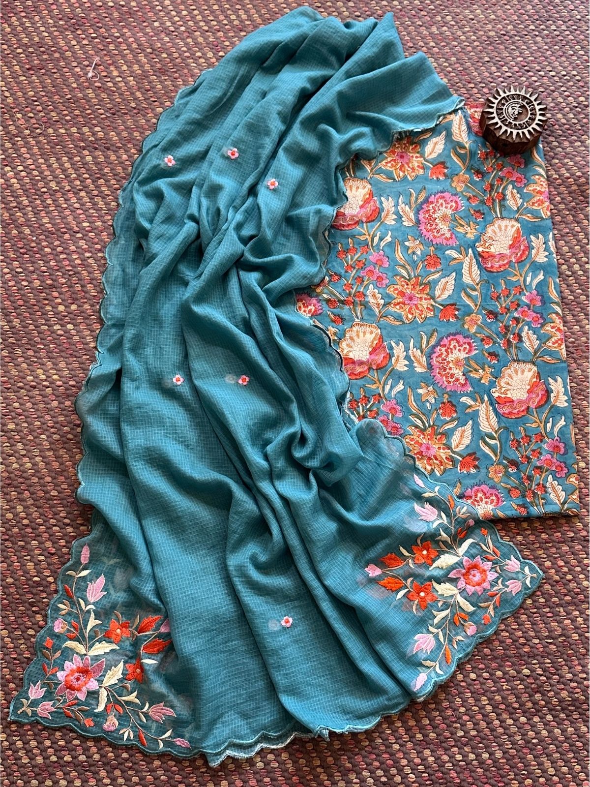 Pure Cotton Hand blocked fabric paired with a embroidered kota doria dupatta.