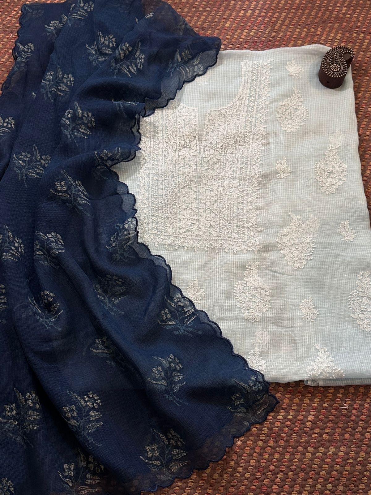 Chikankari Hand Embroidered Fabric with Indigo Hadblocked Kota Dupatta