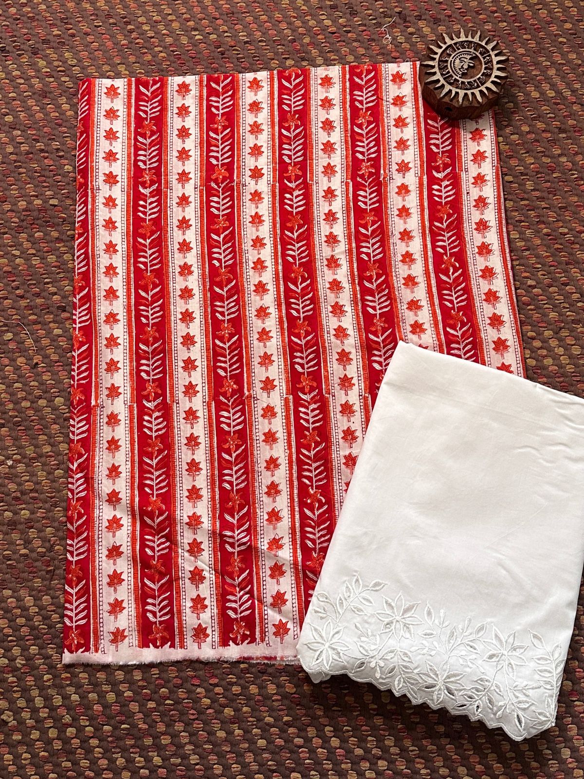 Pure Cotton Hand-blocked Fabric with Embroidered Bottom