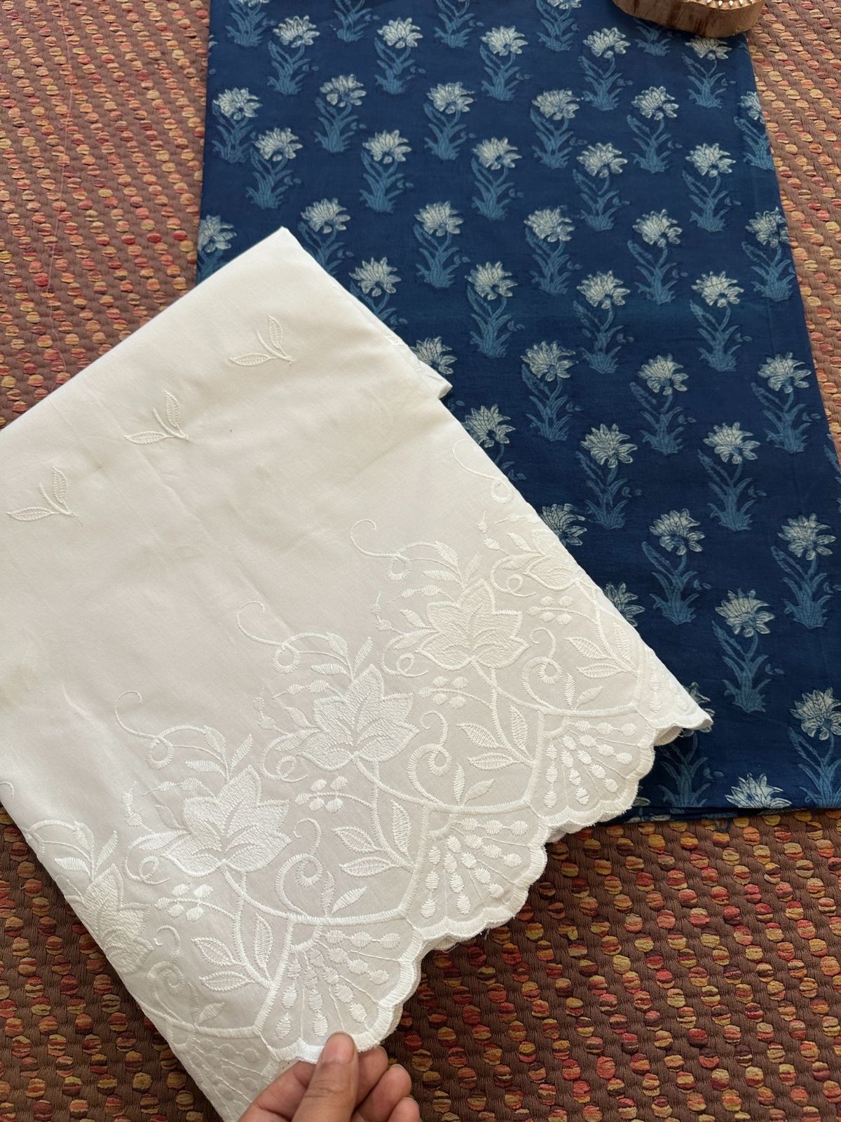 Pure Cotton Indigo Handblocked Fabric with Embroidered Bottom