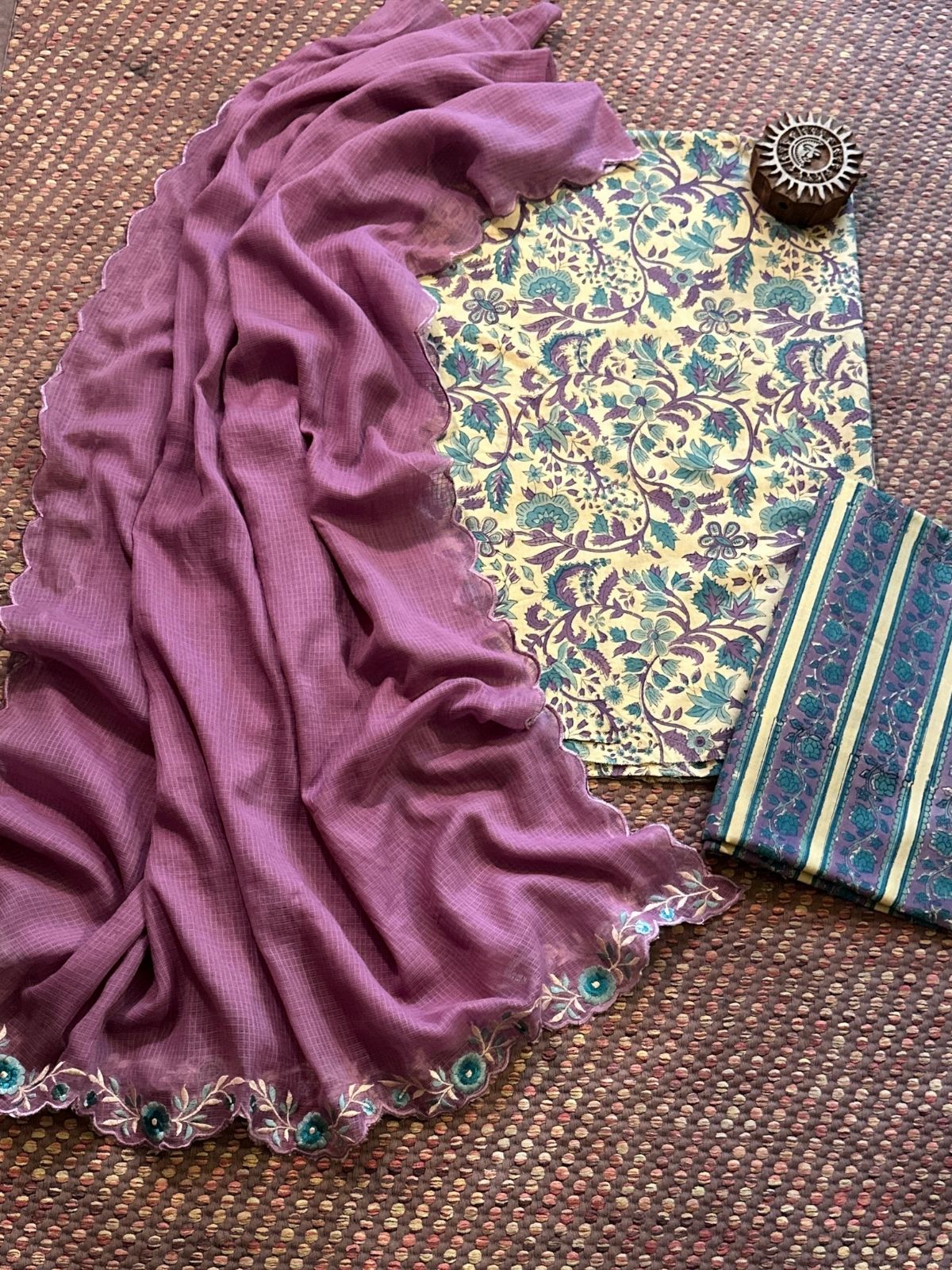 Pure Cotton Hand-blocked Fabric with Embroidered Dupatta