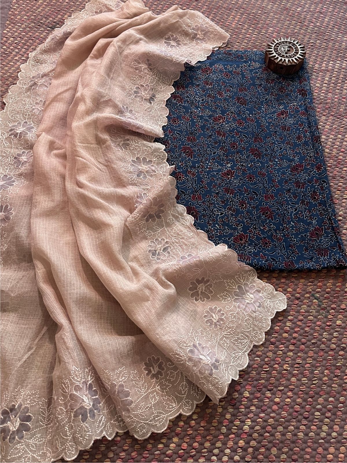 Ajrakh handblocked pure cotton mamal fabric with kota doria embroidered dupatta