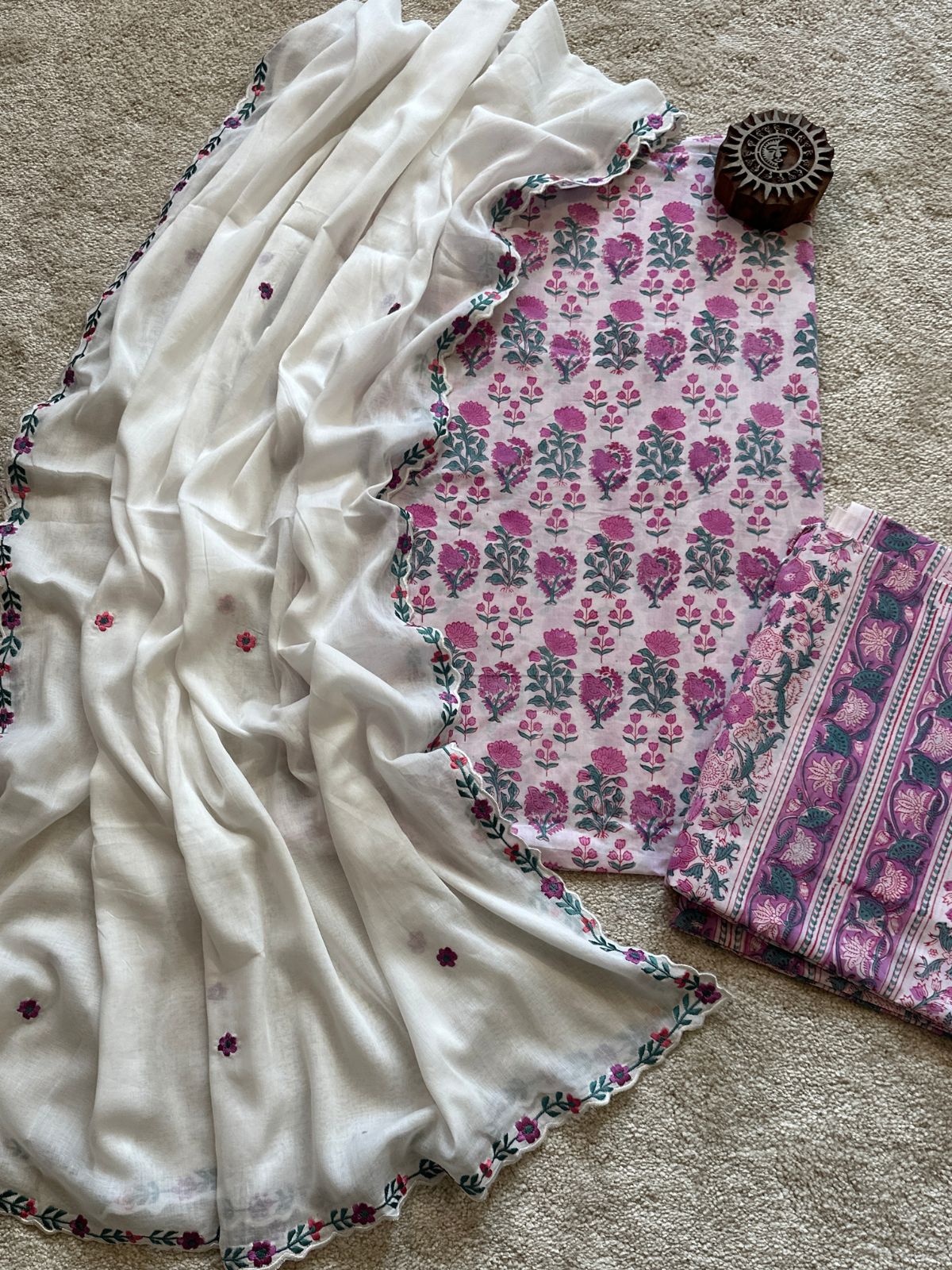 Pure Cotton Hand Blocked Set with Malmal Embroidered Dupatta