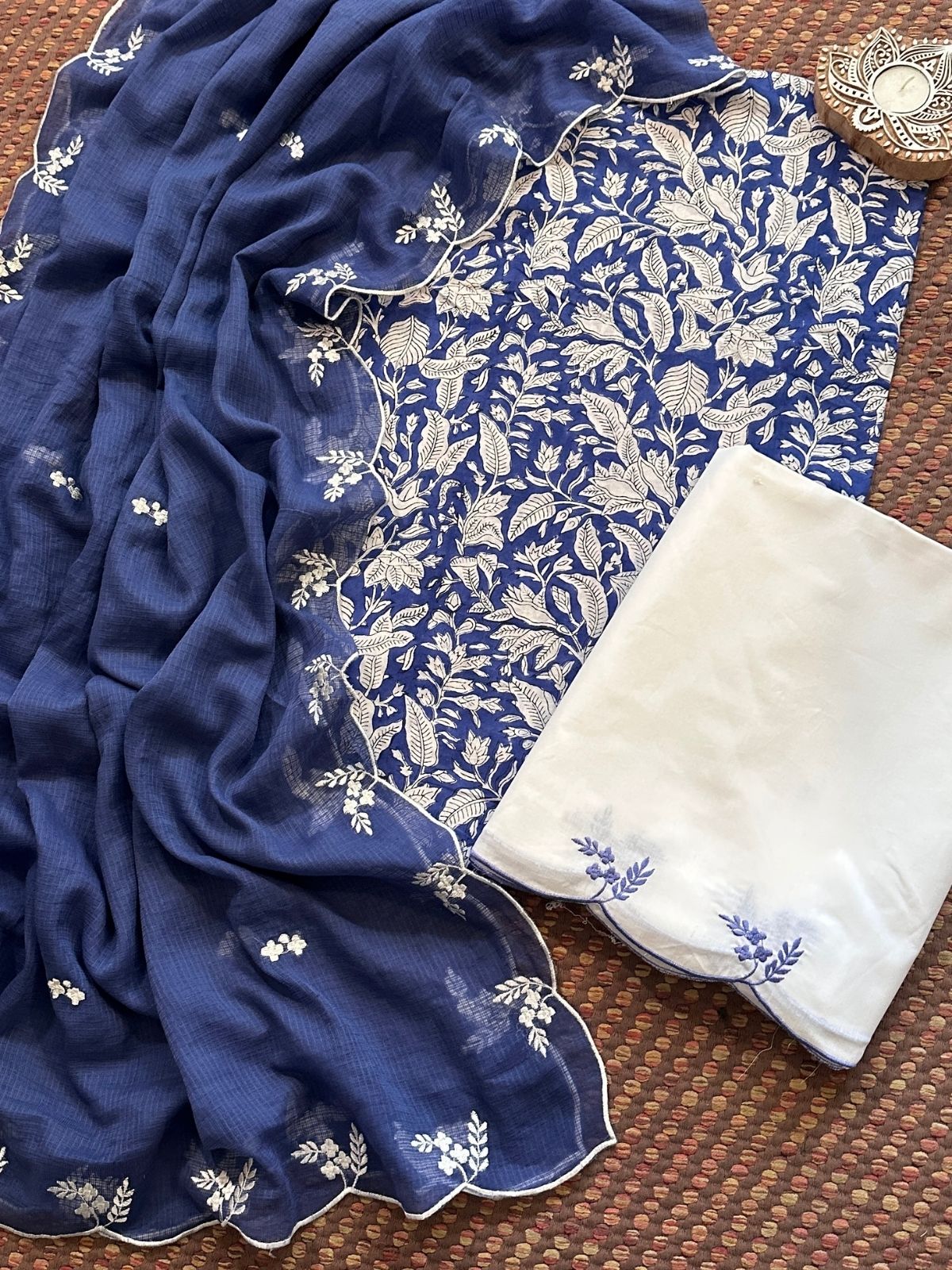 Pure Cotton Hand-block Fabric with Embroidered Bottom & Kota Doria Dupatta