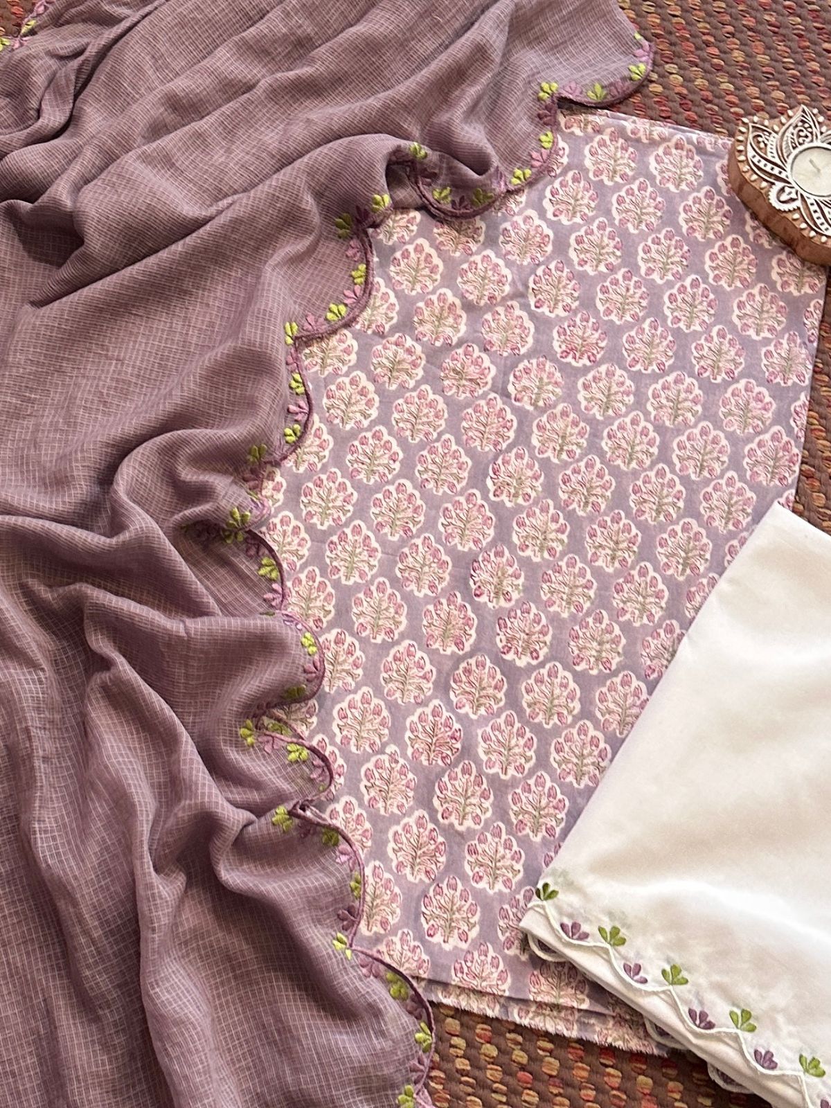 Pure Cotton Hand-block Fabric with Embroidered Bottom & Kota Doria Dupatta