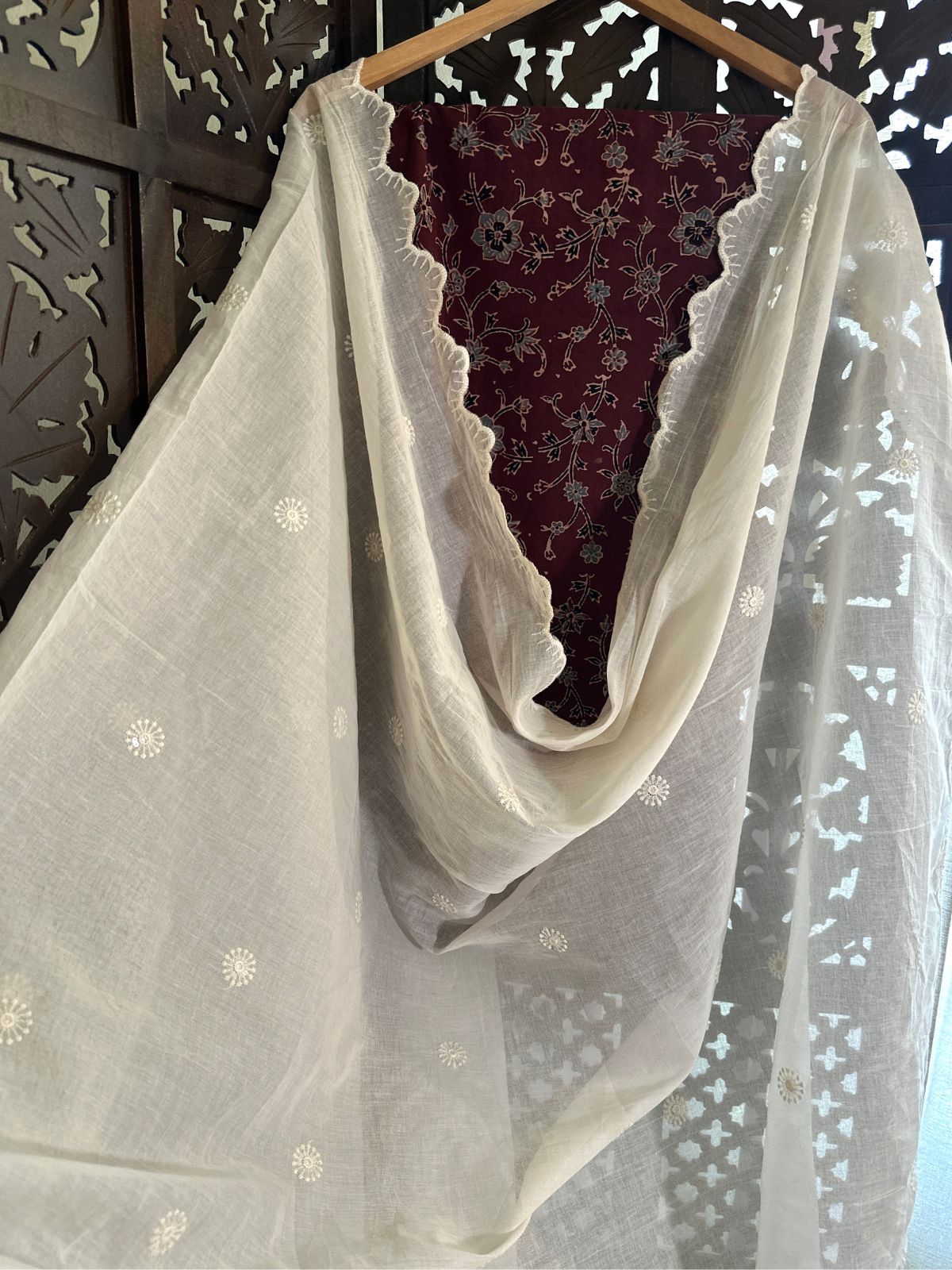 Ajrakh handblocked pure cotton mamal fabric with soft cotton Dupatta