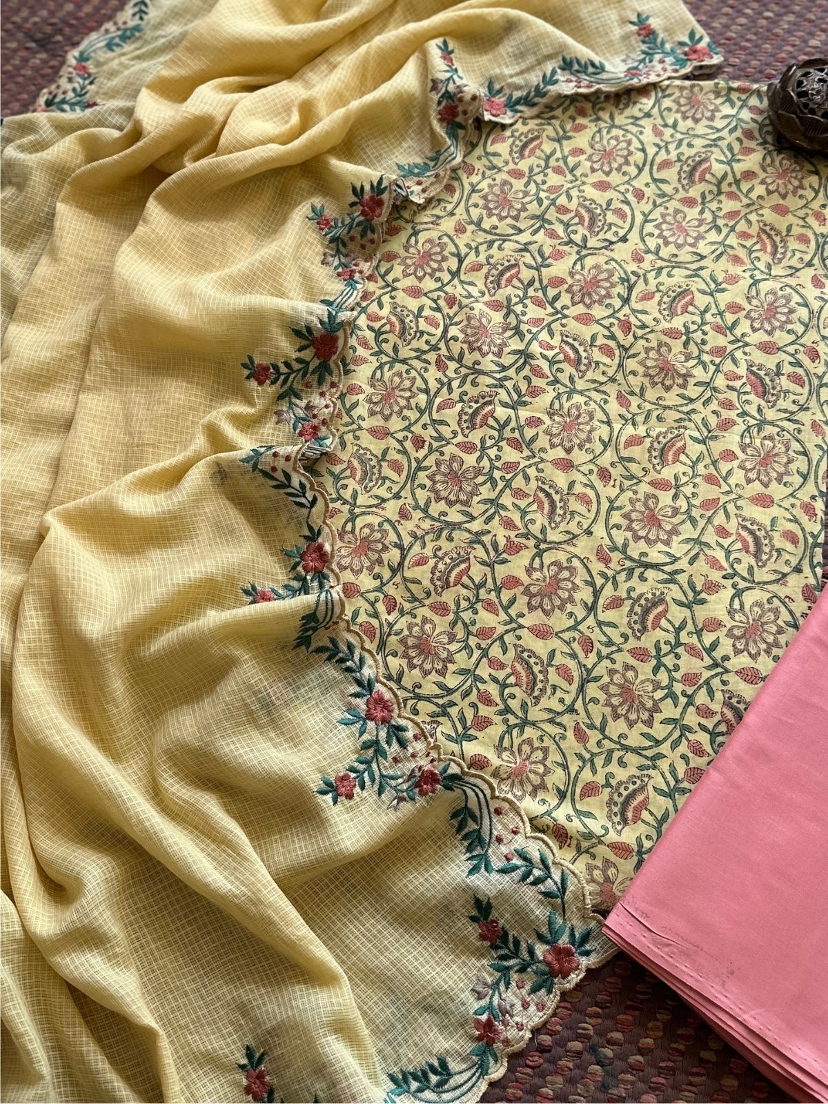 Pure Cotton Hand-block Fabric set with Embroidered Kota Doria Dupatta