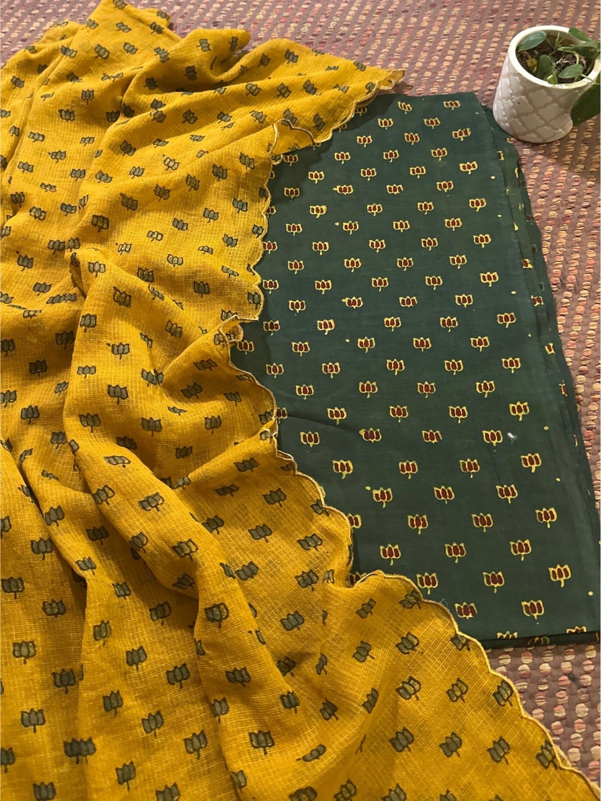 Ajrakh Cotton Malmal Handblocked Set- Top & Dupatta