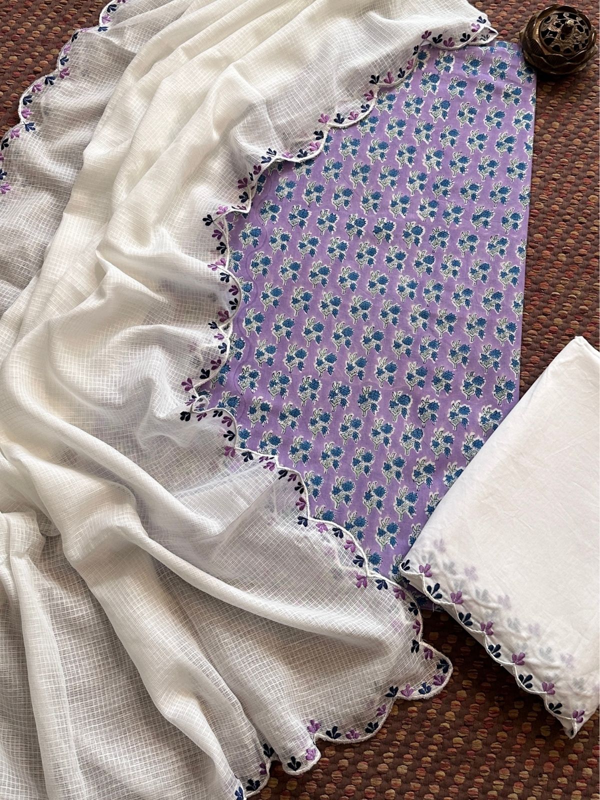 Pure Cotton Hand blocked Set with Embroidered Dupatta