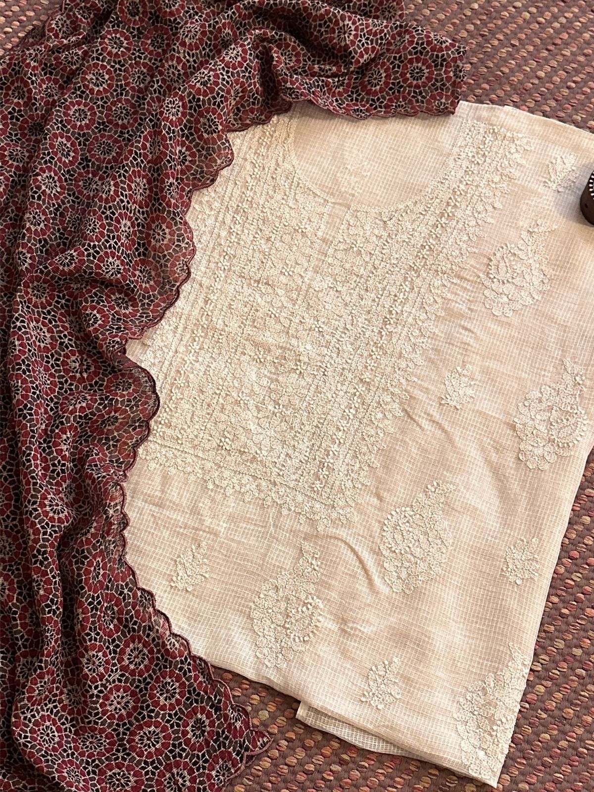 Chikankari Hand Embroidered Fabric with Ajrak Hadblocked Kota Dupatta