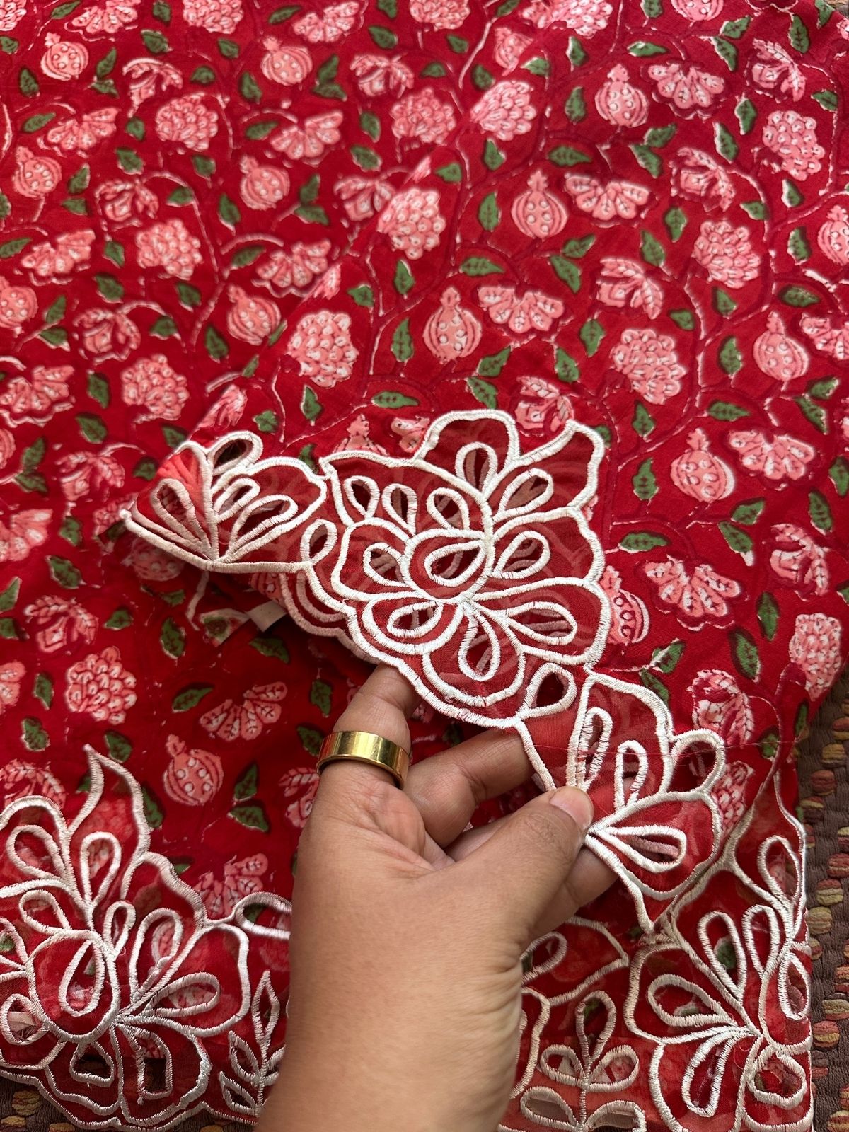 Pure Cotton Hand-blocked Coord Set with Cutwork on Organza Patch Work.