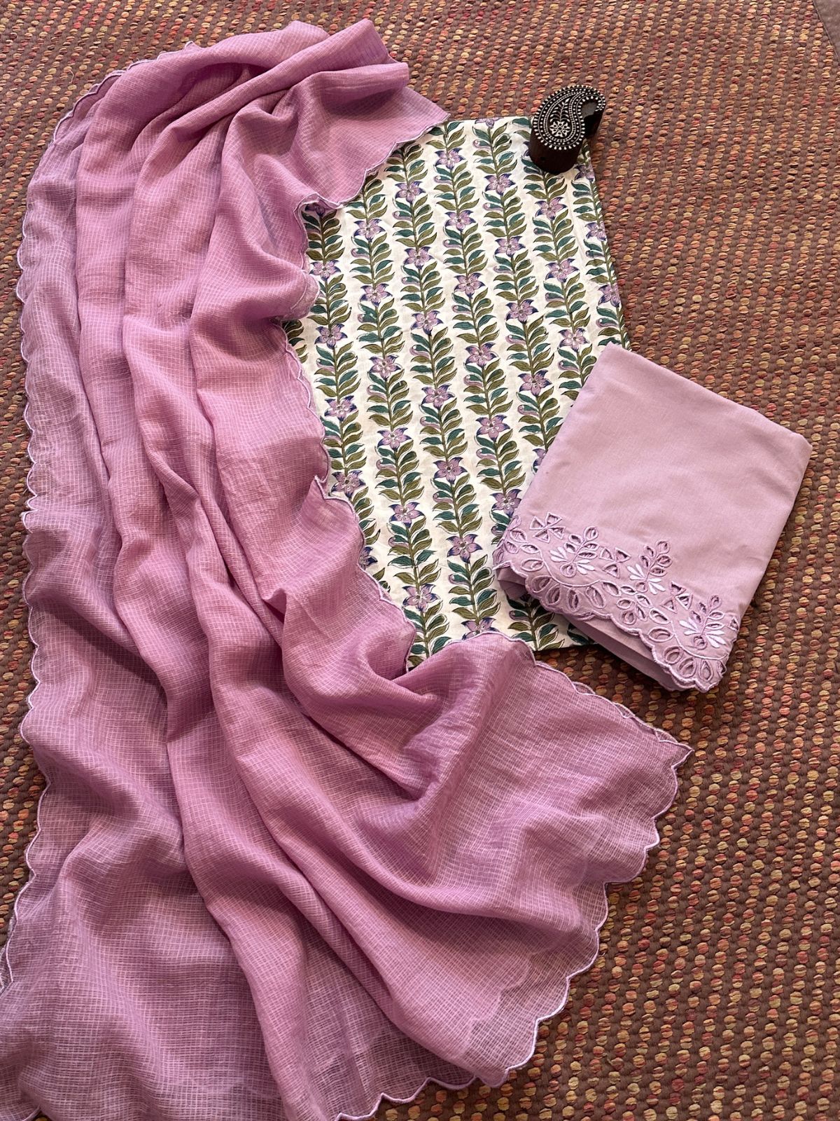 Pure Cotton Hand-blocked Fabric with Cutwork Bottom & Kota Doria Dupatta