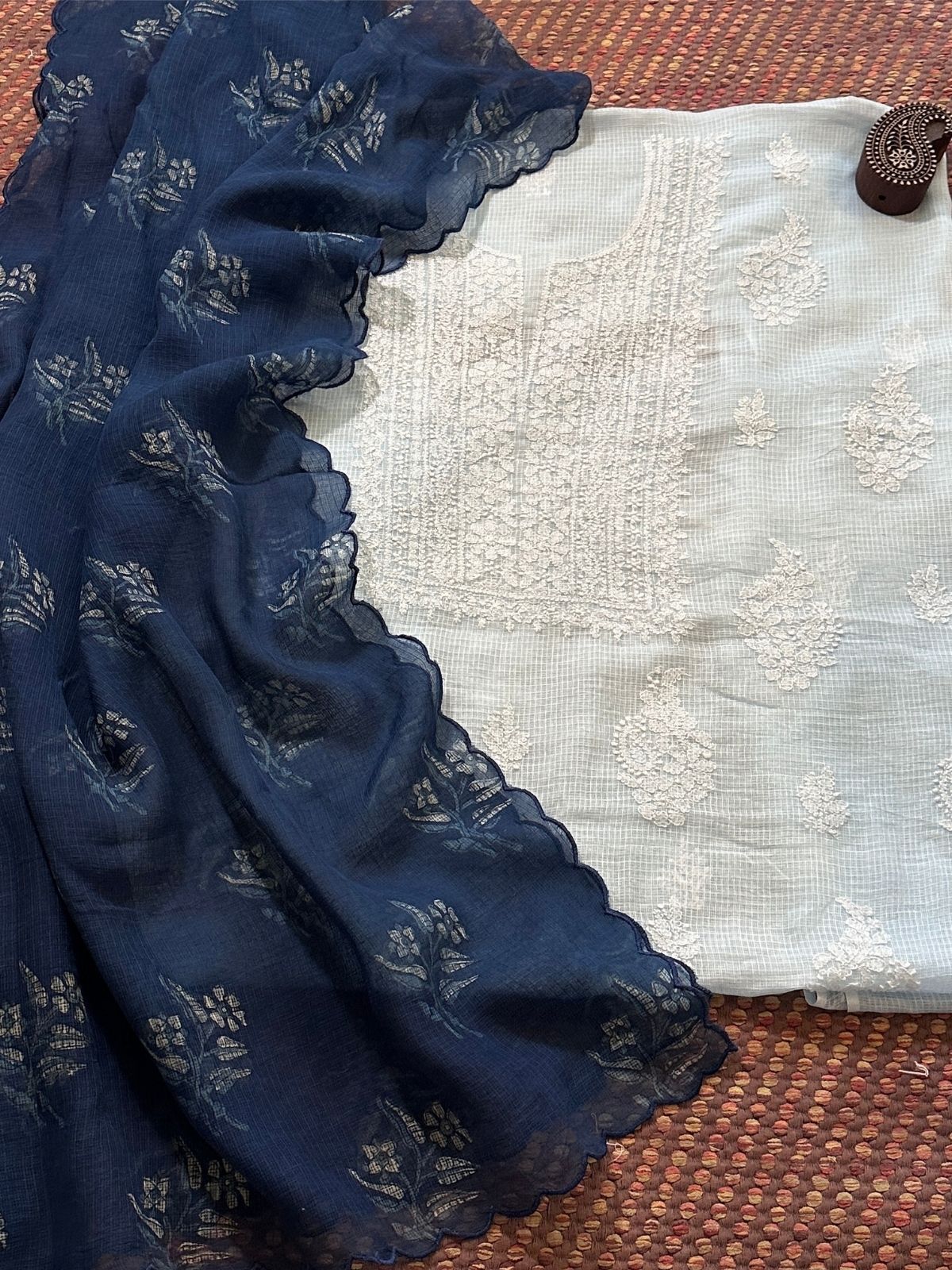 Chikankari Hand Embroidered Fabric with Indigo Hadblocked Kota Dupatta