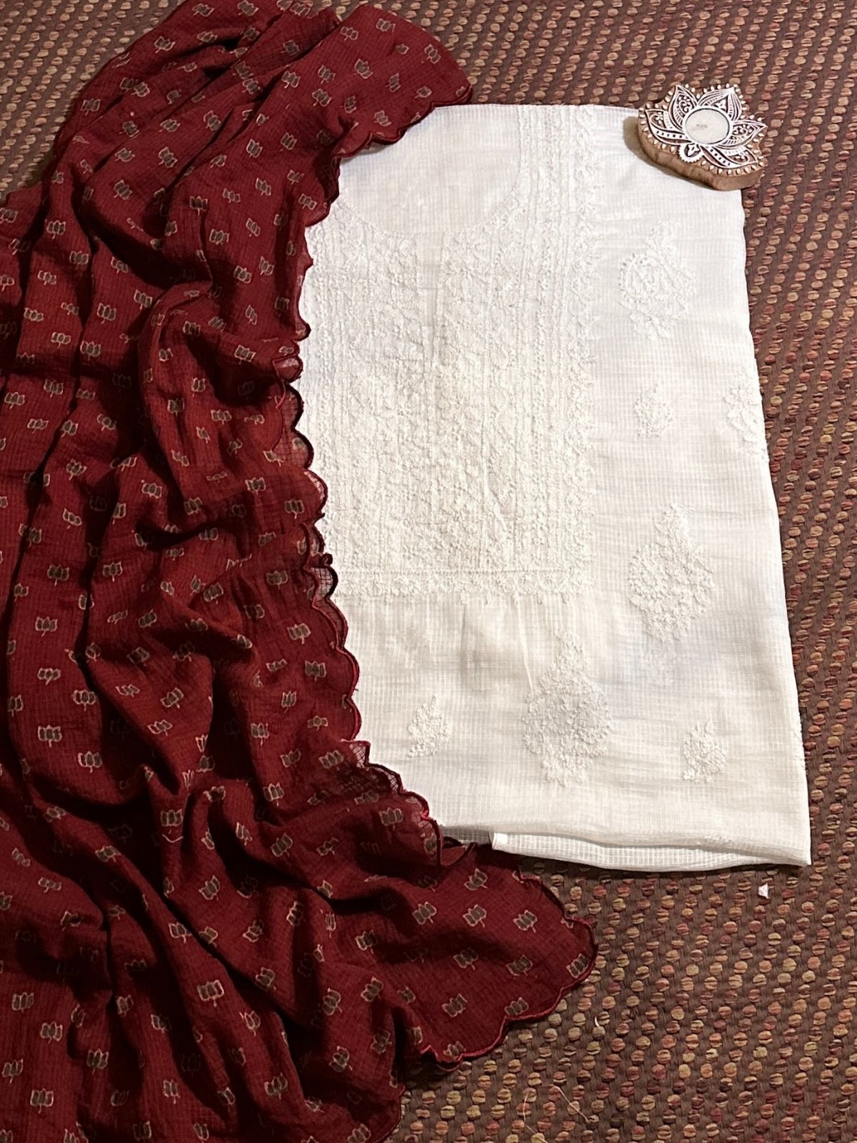 Chikankari Hand Embroidered Fabric with Ajrak Hadblocked Kota Dupatta