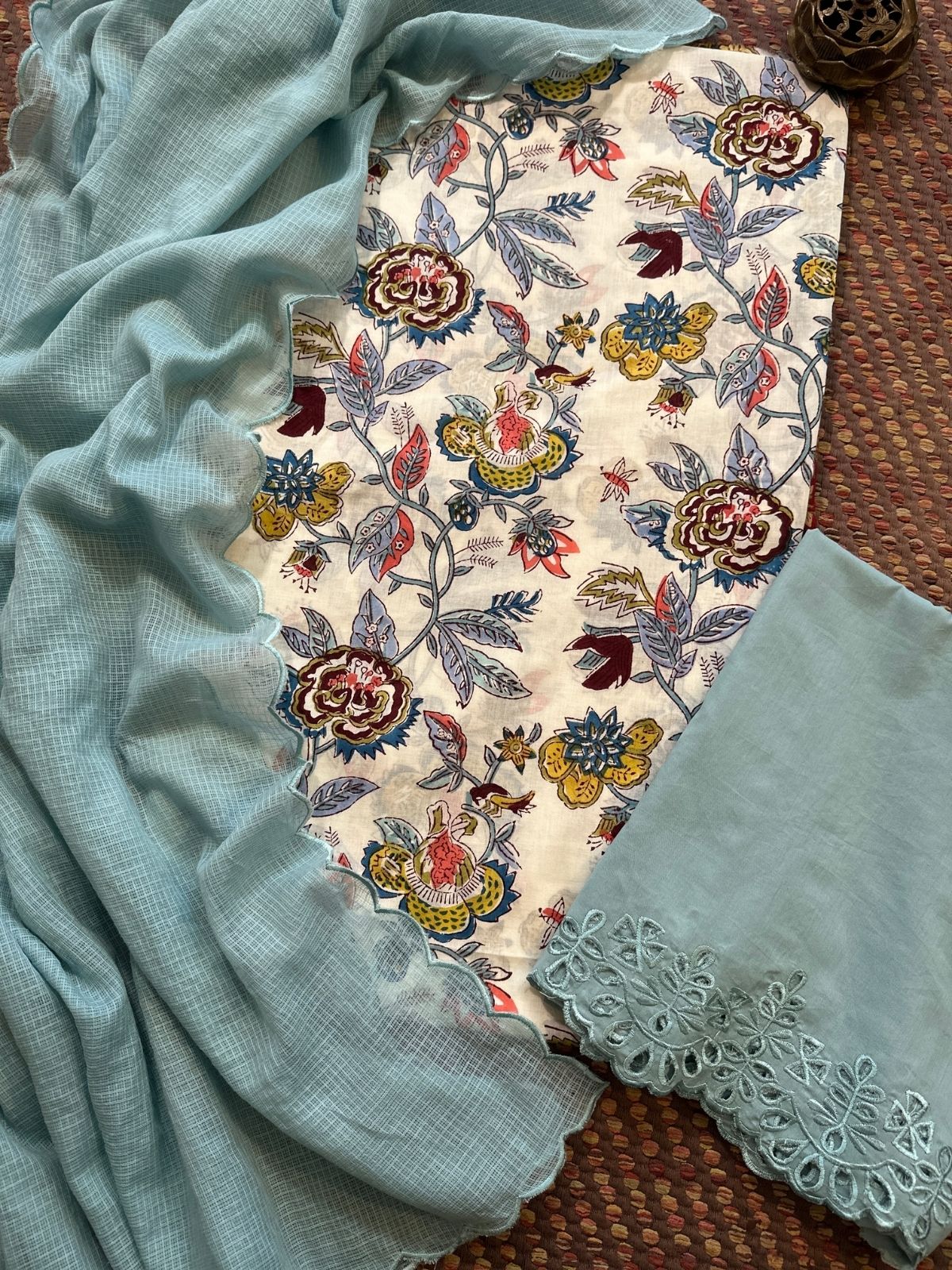 Pure Cotton Malmal Hand-blocked Fabric with Cutwork Bottom & Kota Doria Dupatta