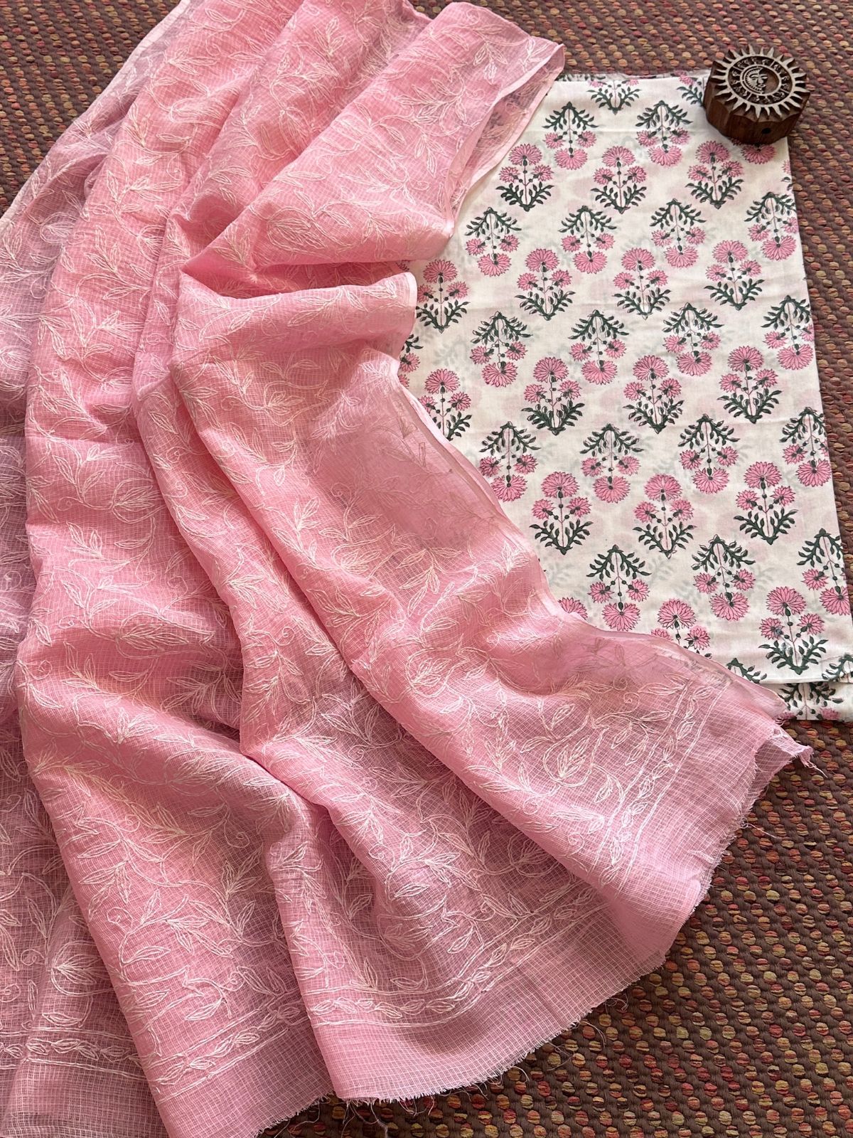 Pure Cotton Hand Blocked Fabric with Chikankari Dupatta