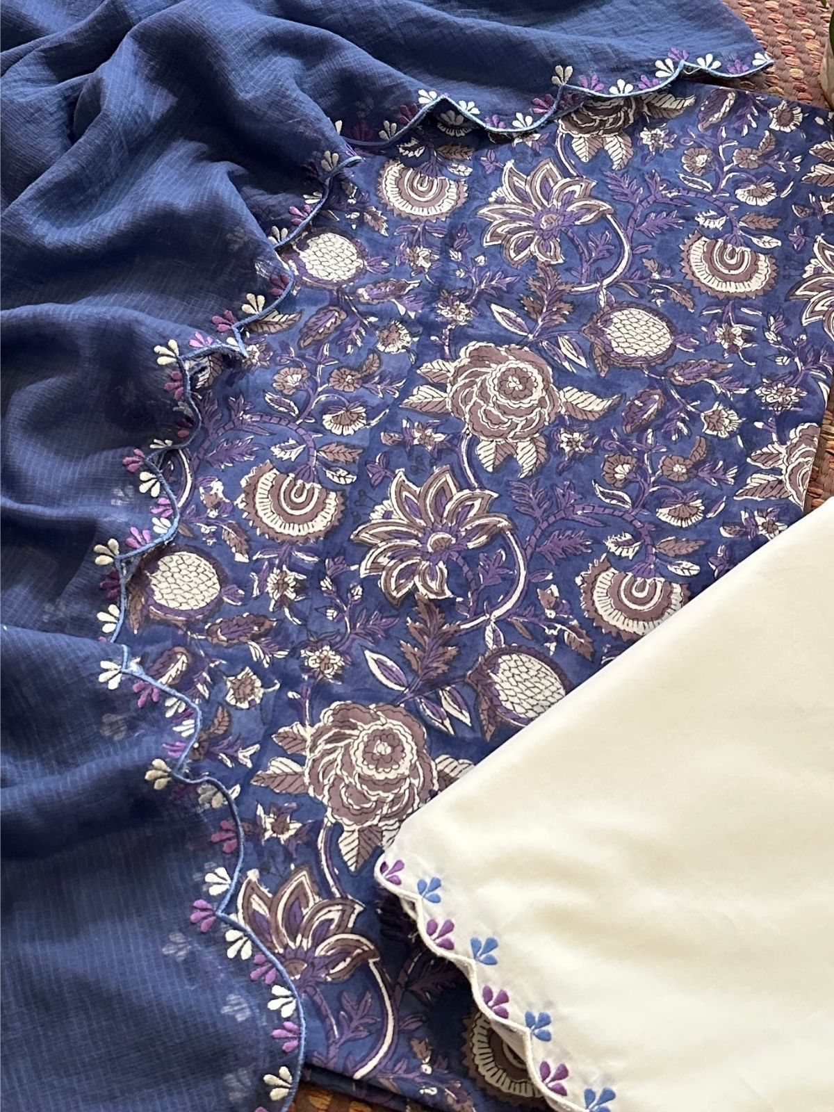 Pure Cotton Hand-block Fabric with Embroidered Bottom & Kota Doria Dupatta